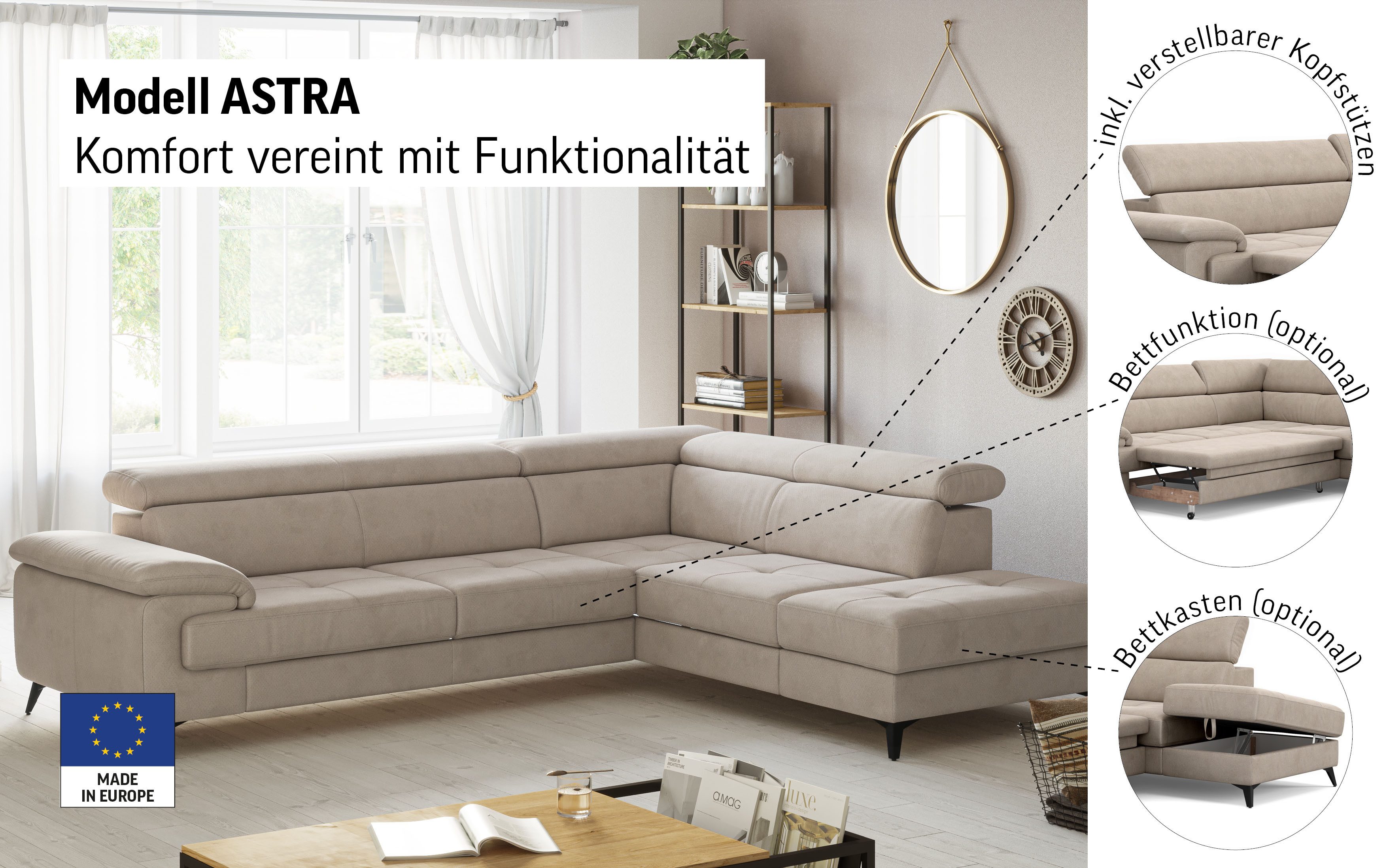 OTTO home Ecksofa Astra L-Form, B: 286 cm, mit Kopfteilverstellung, optional Schlaffunktion & Bettkasten