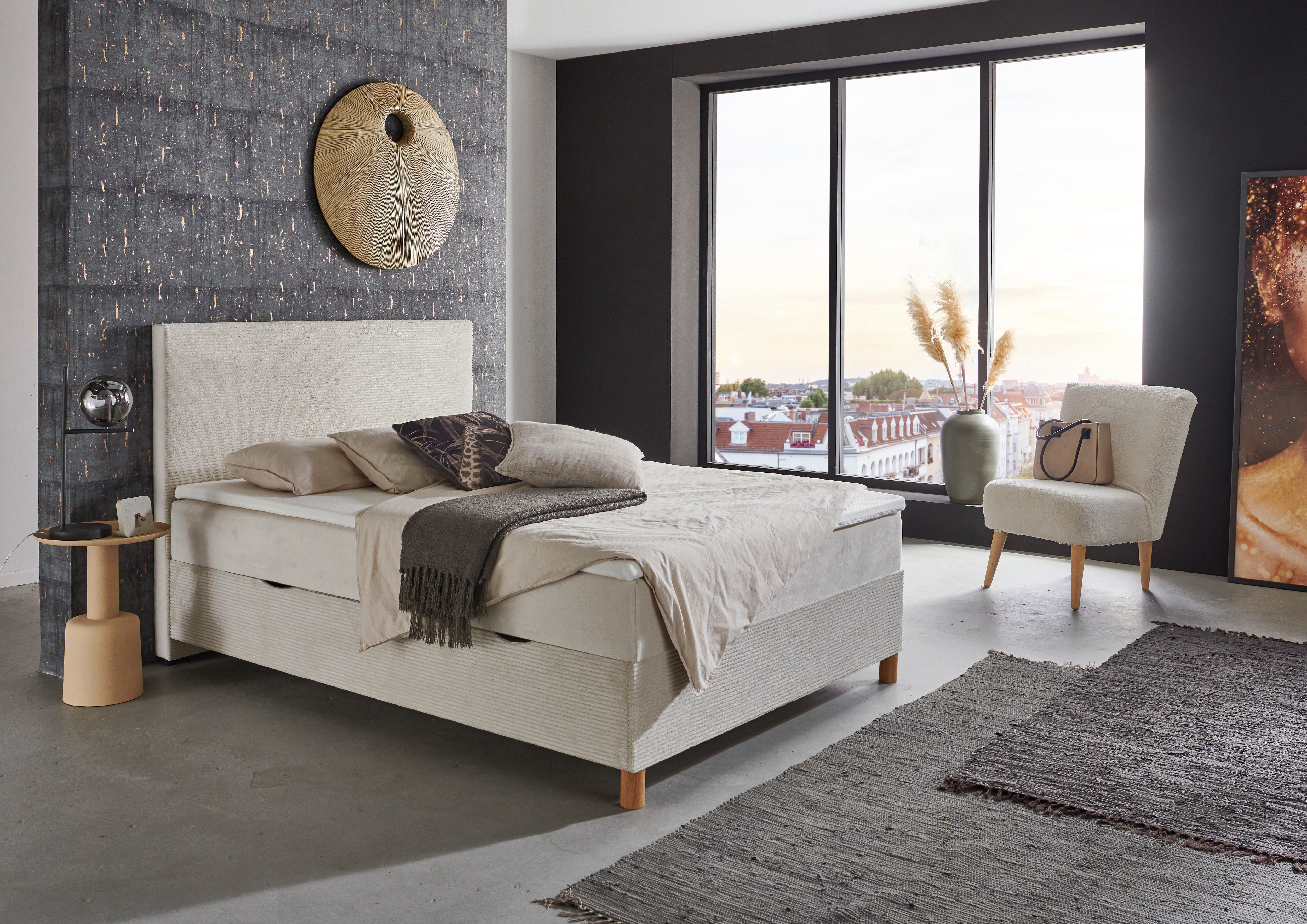 meise.möbel Boxbett KORSIKA, Polsterbett mit Bettkasten, inkl. Taschenfederkernmatratze H3, mit Kaltschaum-Topper, Cordstoff-Bezug, 140x200 cm, Holzfüße
