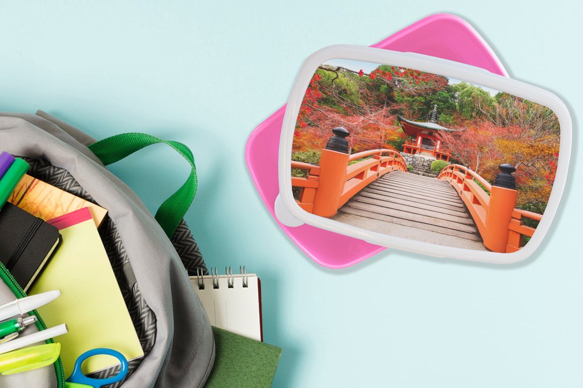 MuchoWow Lunchbox Brücke Brotdose - Kinder, Erwachsene, - Mädchen, Snackbox, Kunststoff, für Natur, Kunststoff - Rot Brotbox - rosa (2-tlg), Pagode Japanisch