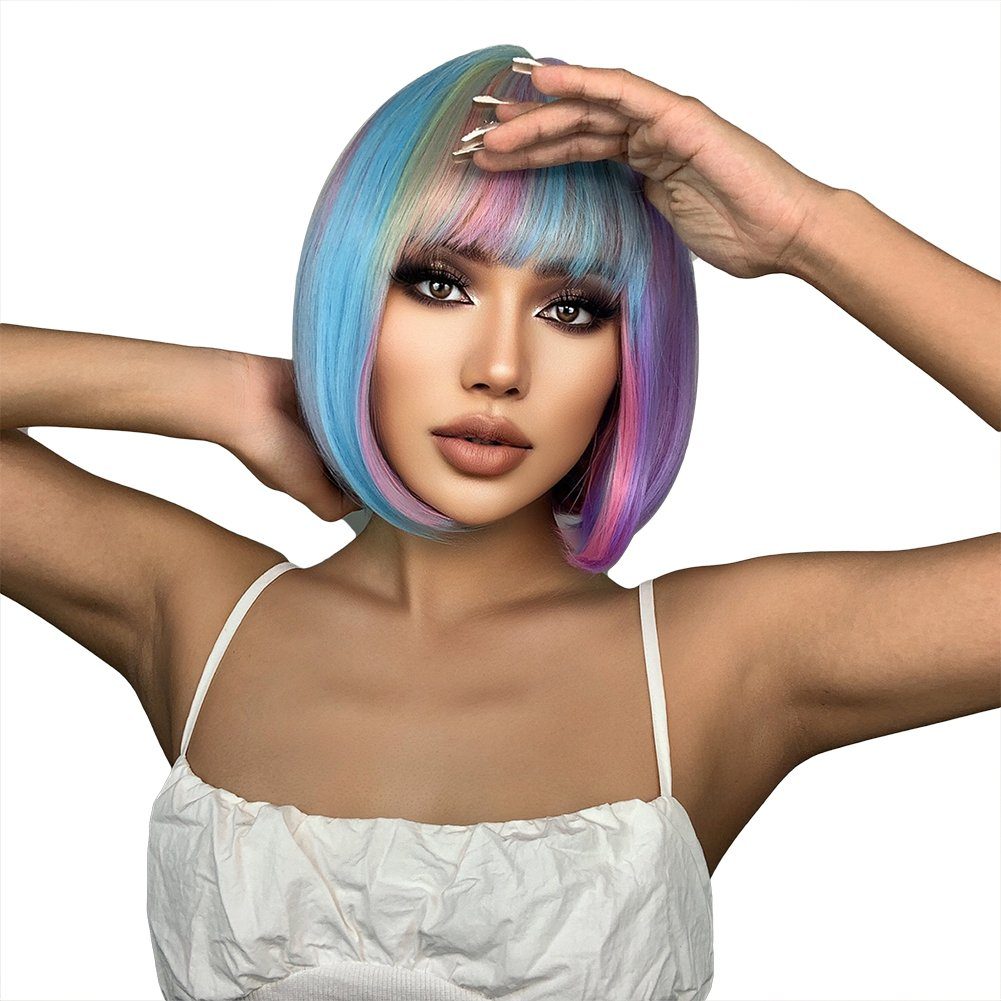 Püke Kunsthaarperücke Natürliche platinblonde Perücke,kurzes,lockiges Haar für Frauen,14inch Farbig