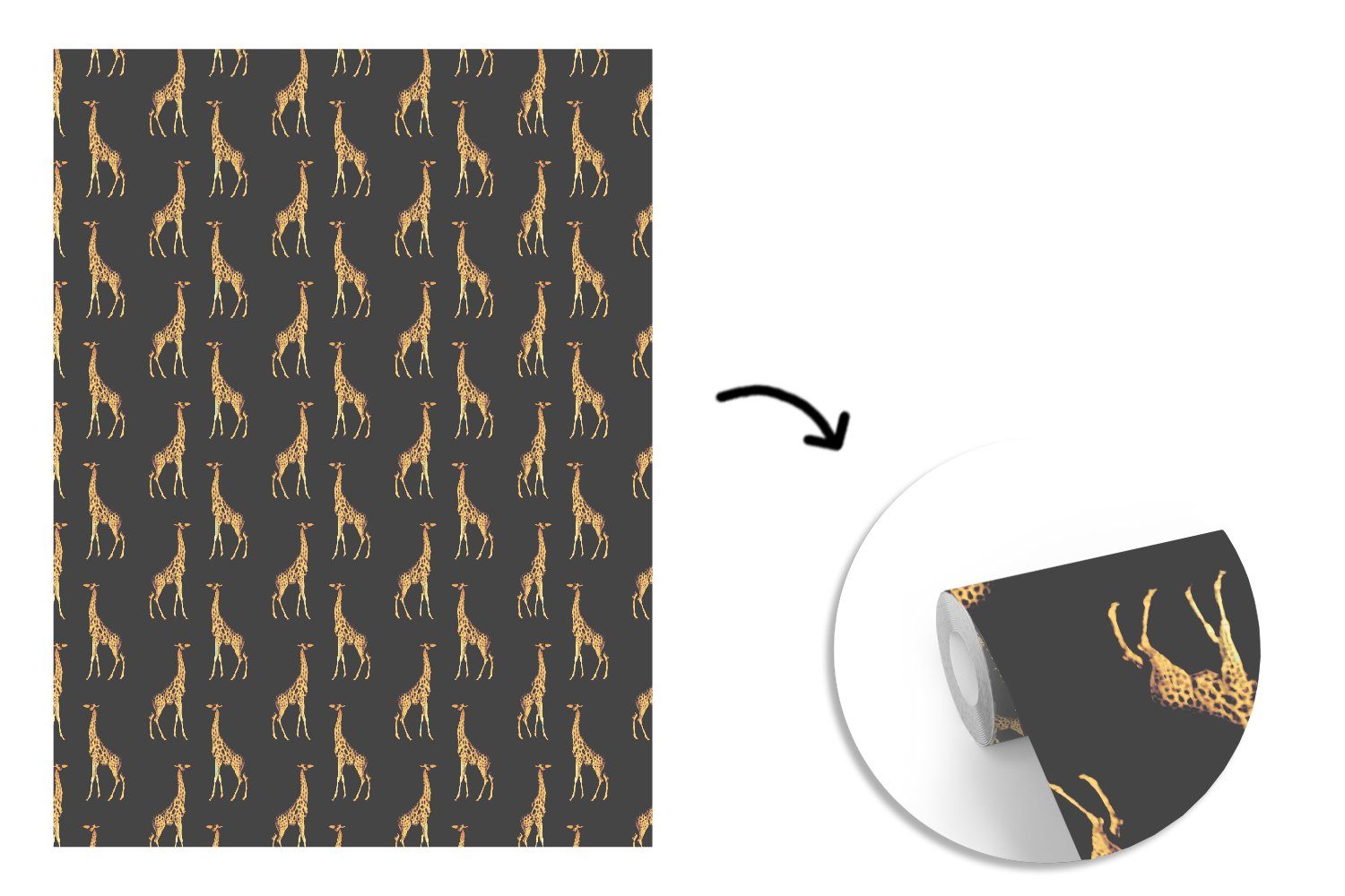 (4 - Matt, St), Montagefertig Fototapete für bedruckt, Tiere Tapete - MuchoWow - Wohnzimmer, Vinyl Muster Gold Wandtapete Giraffe,