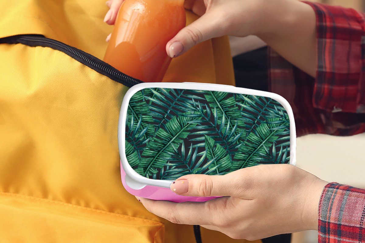 MuchoWow Brotdose Tropisch (2-tlg), für Kunststoff, - Mädchen, Dschungel Blätter Kinder, Natur, Kunststoff Snackbox, rosa Brotbox Lunchbox - Erwachsene, -