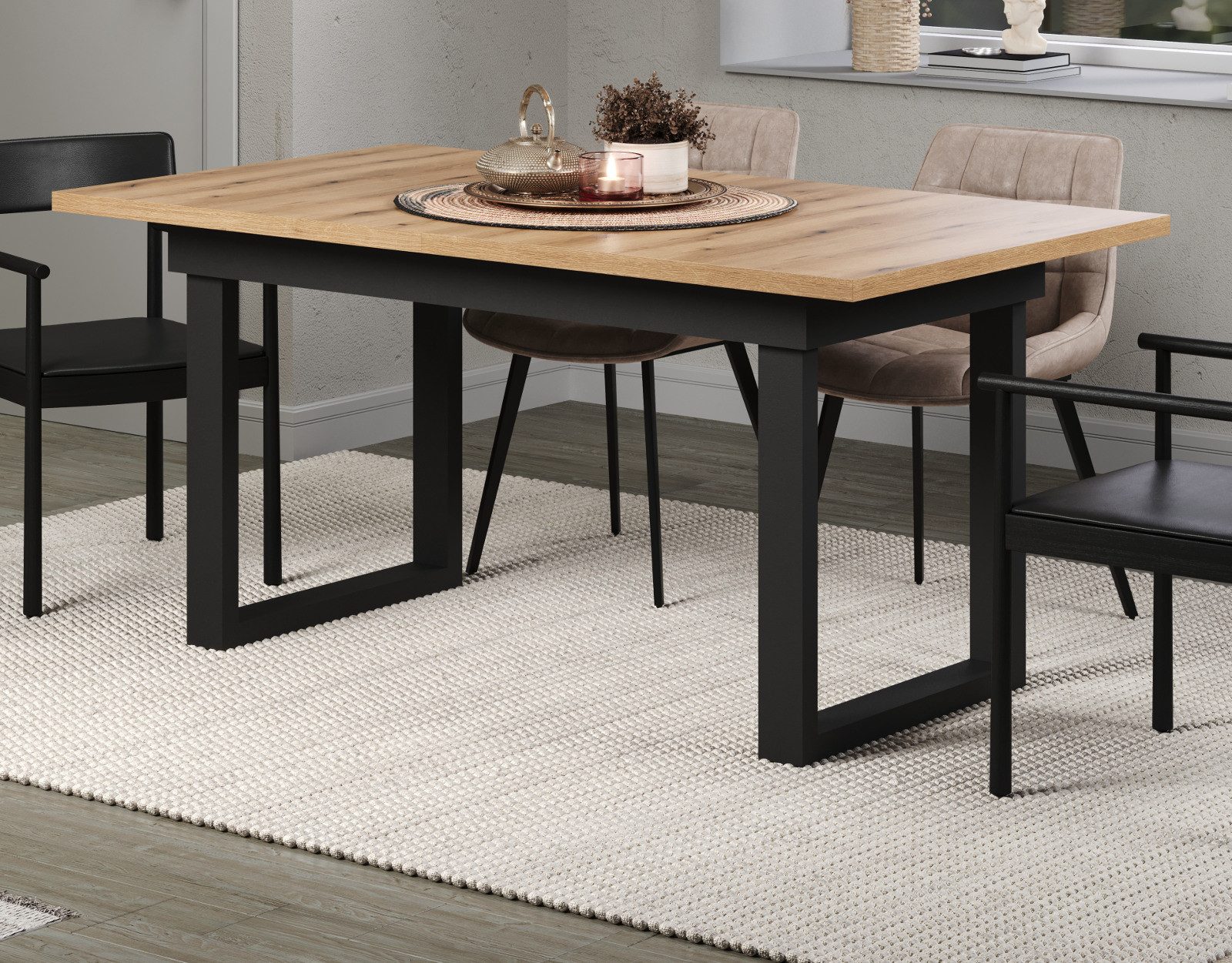 Furn.Design Esstisch Syncro (in Evoke Eiche, ausziehbar 160 - 200 cm), mit Synchronauszug und Metallgestell