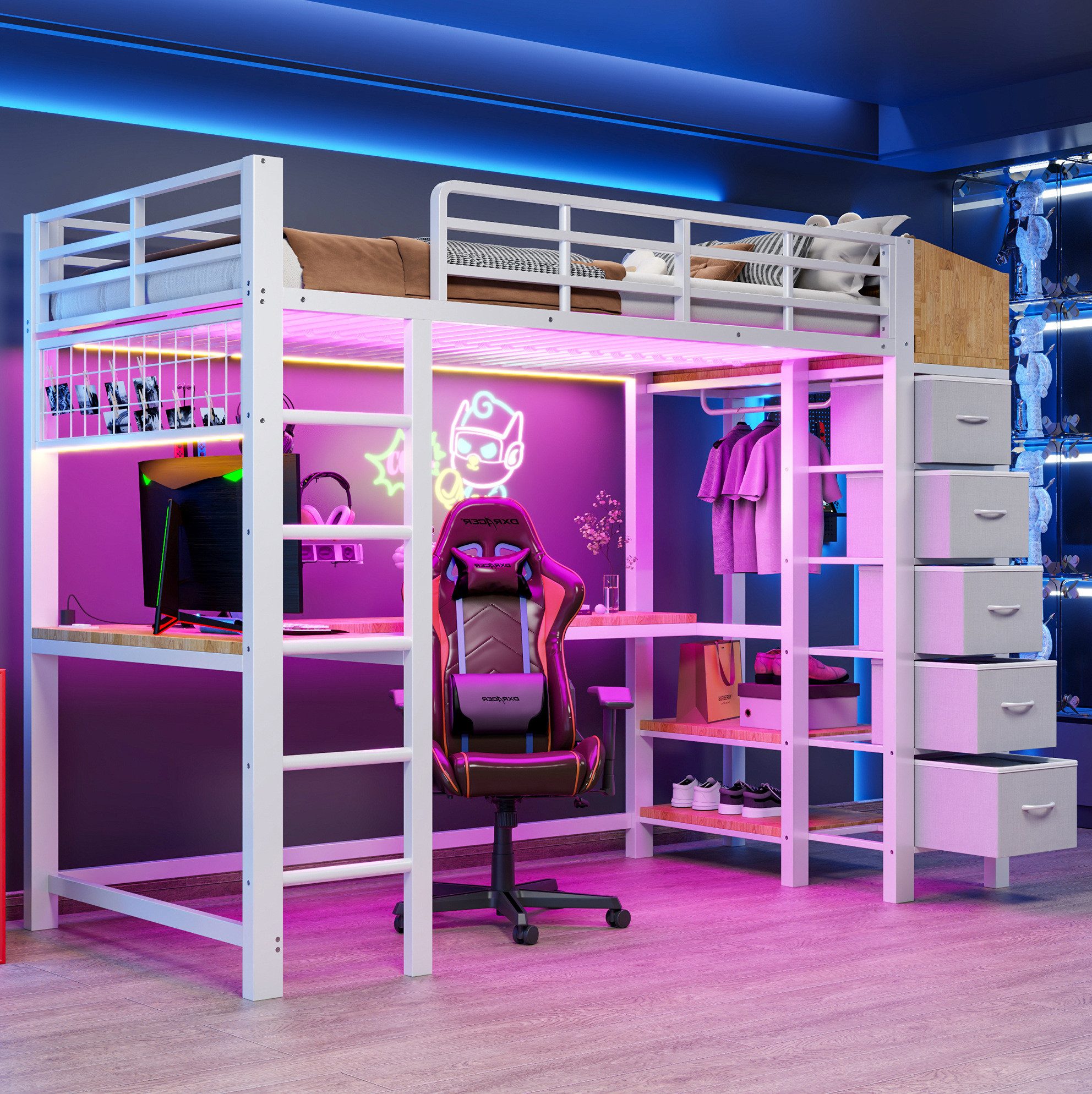 MODFU Hochbett Gaming Bett mit Schreibtisch, LED Lichtband, Metallbett Jugendbett (90x200 cm, mit USB Type-C Ladefunktion, Sicherheitsgitter und Aufbewahrungssystem) Eisenbett Kinderbett, ohne Matratze