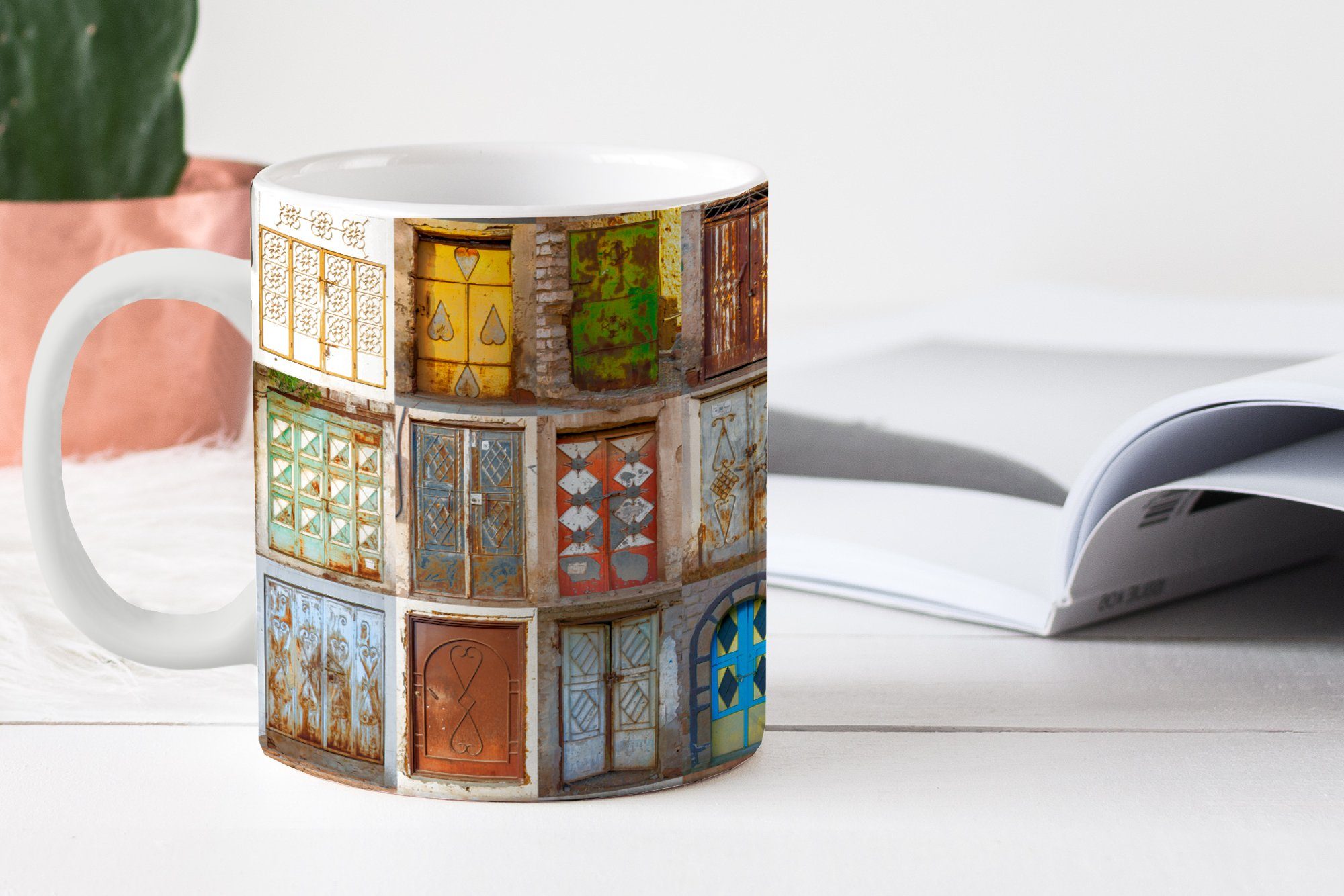 Teetasse, Architektur MuchoWow Vintage Collage, Becher, - Keramik, Teetasse, Geschenk Kaffeetassen, - Türen - Tasse