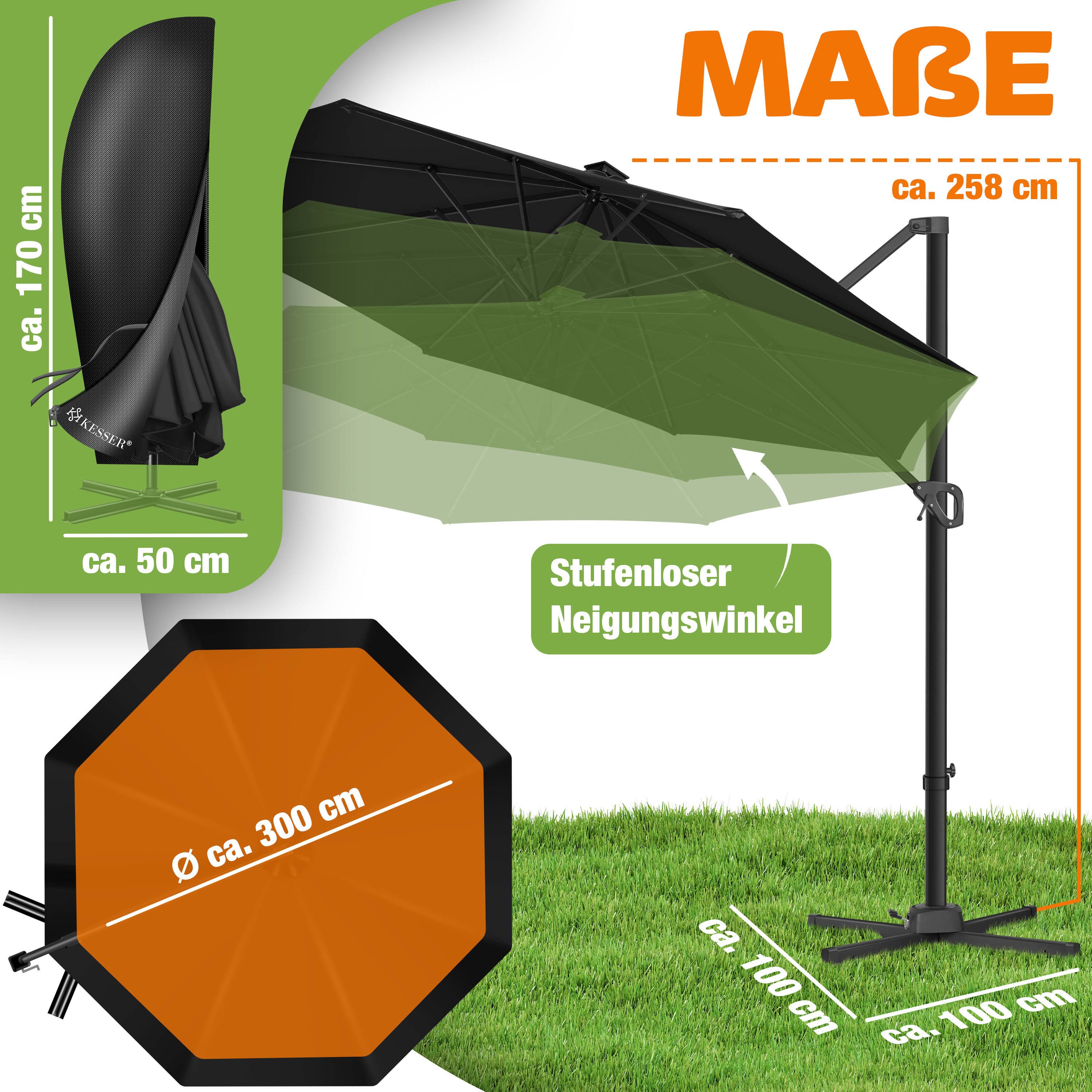 KESSER Ampelschirm, Sonnenschirm SUN Rund XL Ø330 cm 360° Drehbar inkl. Abdeckung
