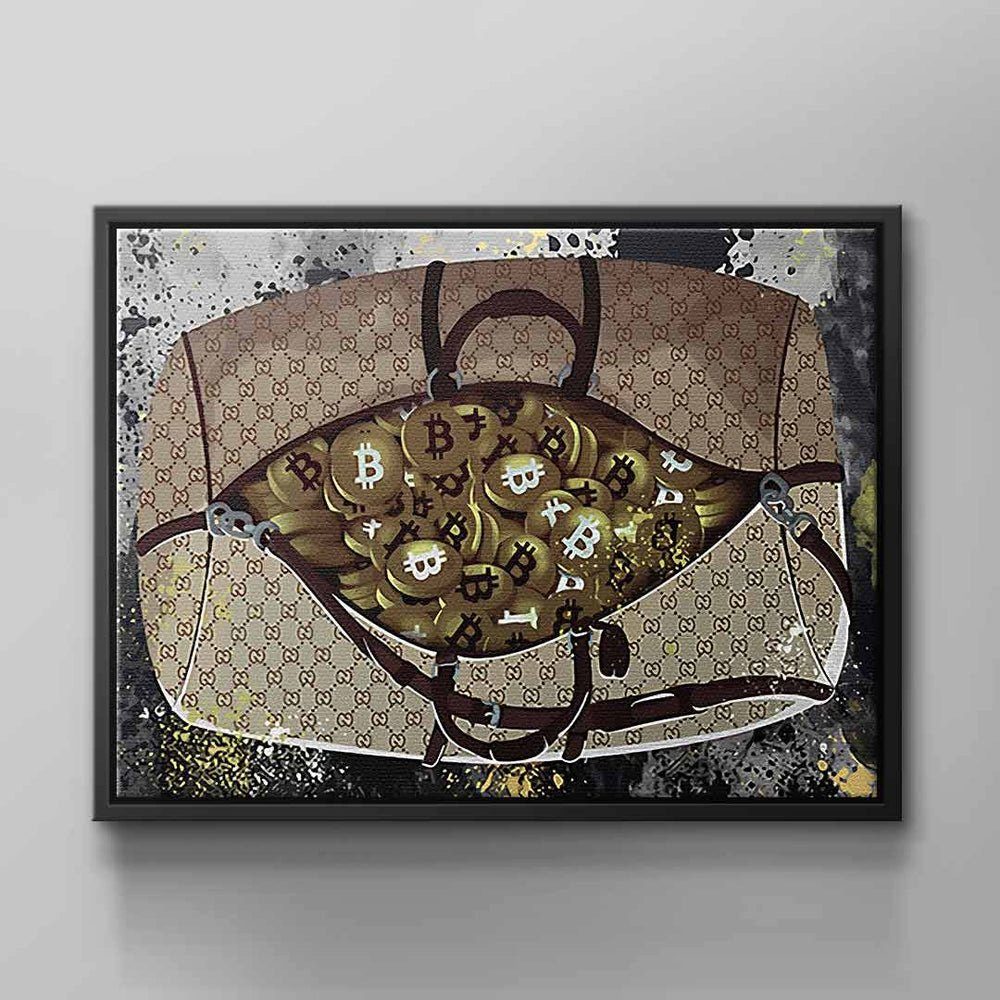 DOTCOMCANVAS® Leinwandbild Bitcoin Leather Bag, Wandbild Bitcoin Kryptowährungstasche goldbeige schwarzbraun Bitcoin ohne Rahmen