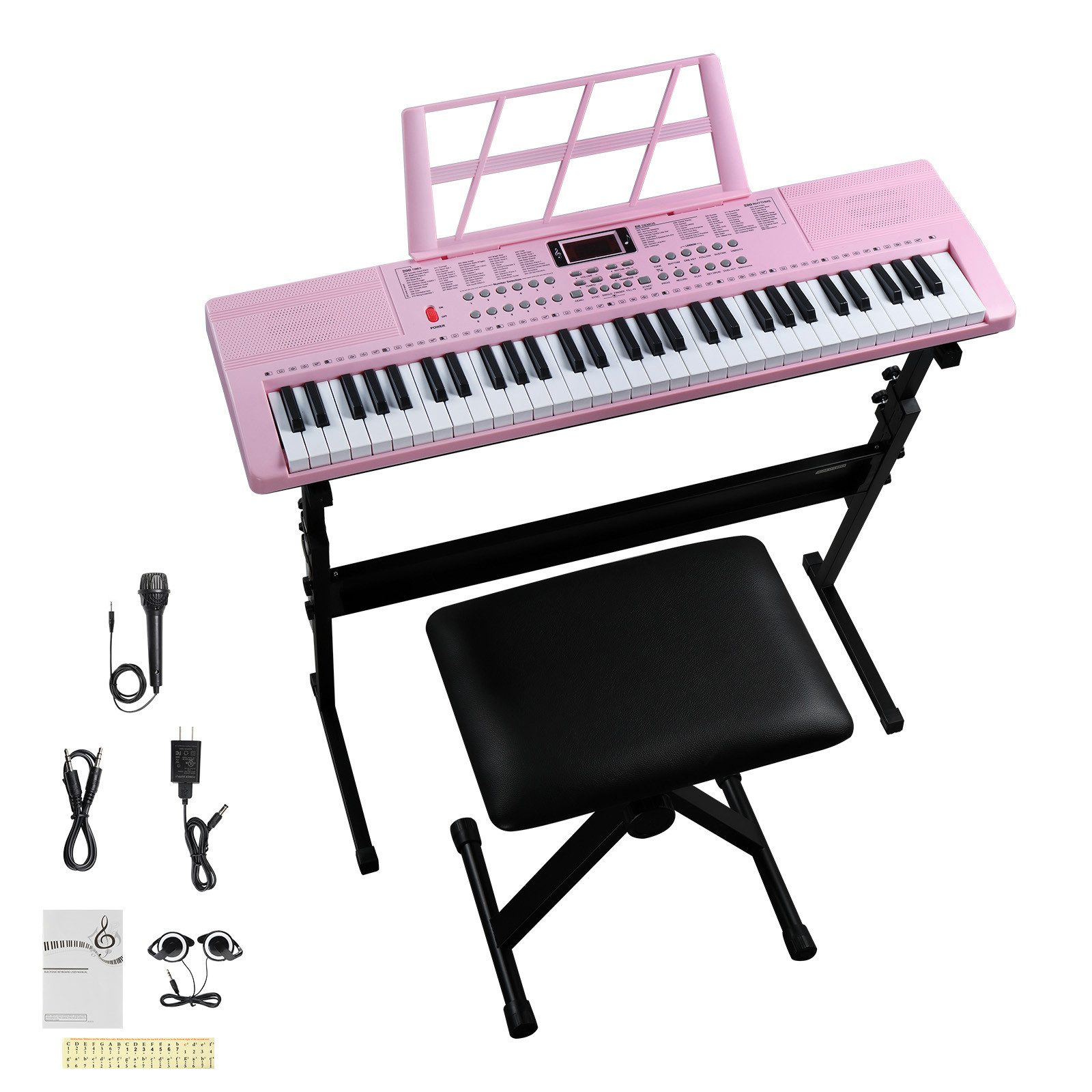 VINGLI Digitalpiano 61-Tasten Keyboard Piano Set mit Klavierständer, Klavierhocker, tragbar, LED-Bildschirm, 3 Lehrmodi, Schwarz/Weiß/Rosa