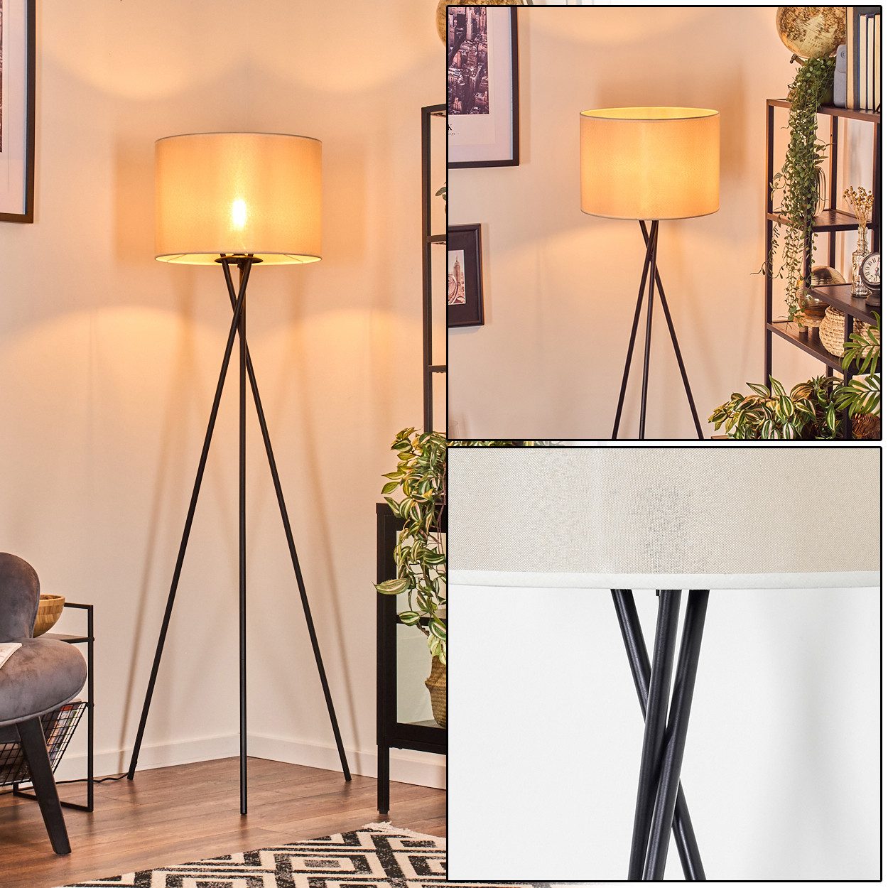 Stehlampe Stehlampe aus Metall/Stoff in Schwarz/Beige/Weiß