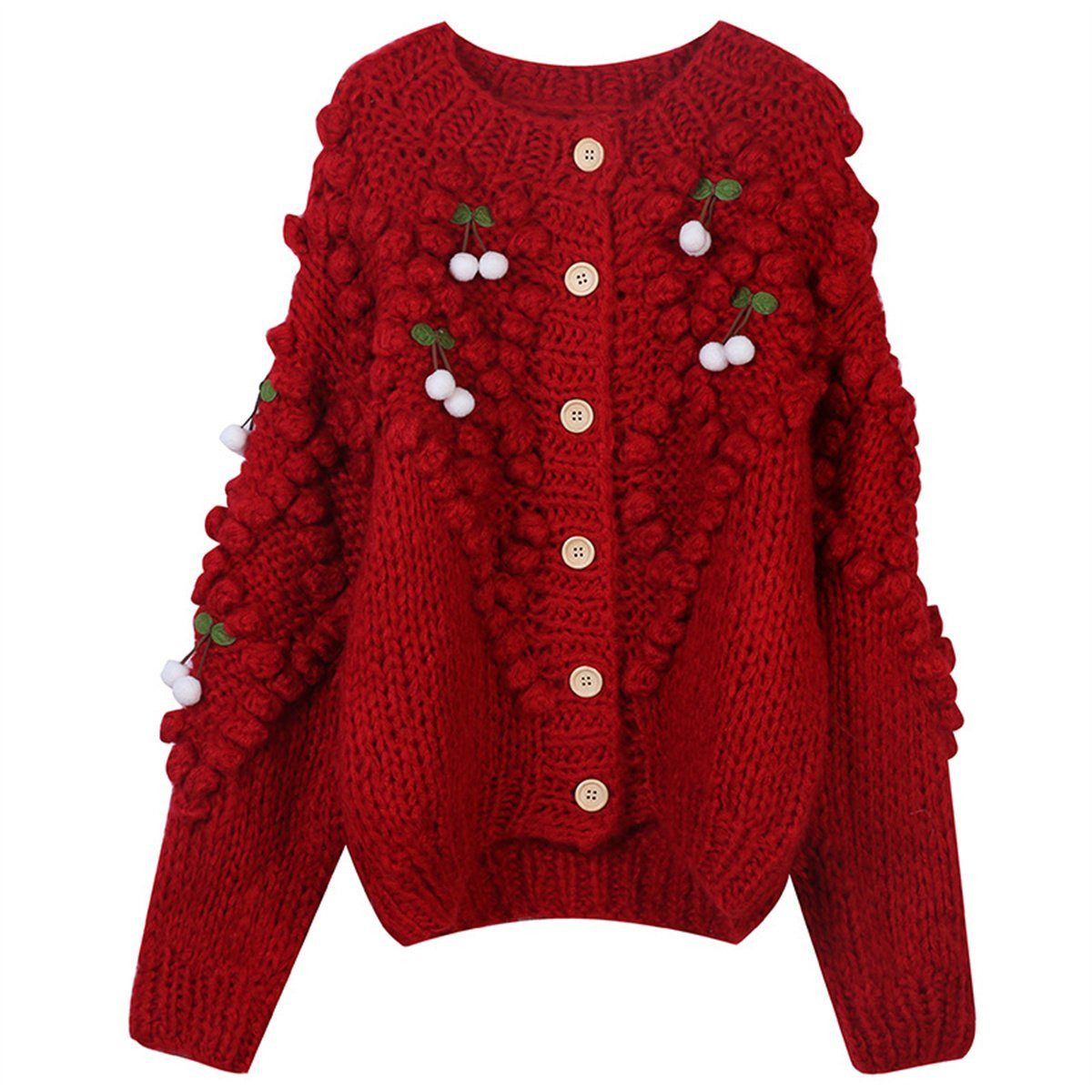 carefully selected Cardigan Weihnachtliche Vintage-Strickjacke mit Kirschmuster, warme Jacke Rot