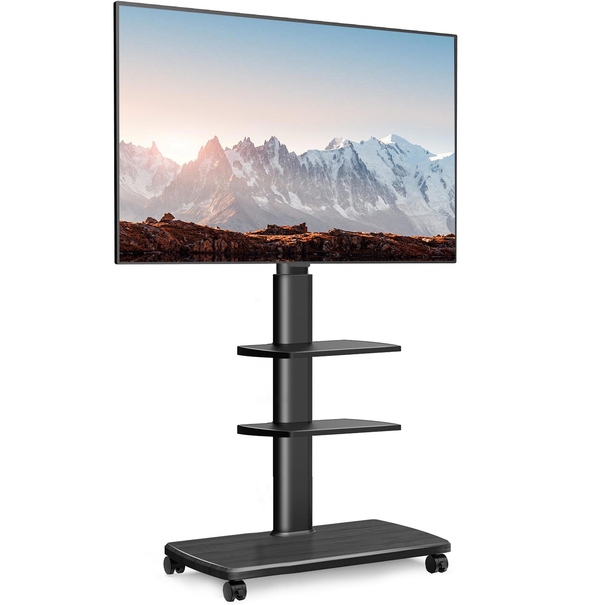 FITUEYES TV-Ständer mit Rollen, Ablagen, ±30° schwenkbar, 32-70 Zoll, (bis 70,00 Zoll, 127-147 cm höhenverstellbar, Holz-Bodenplatte)