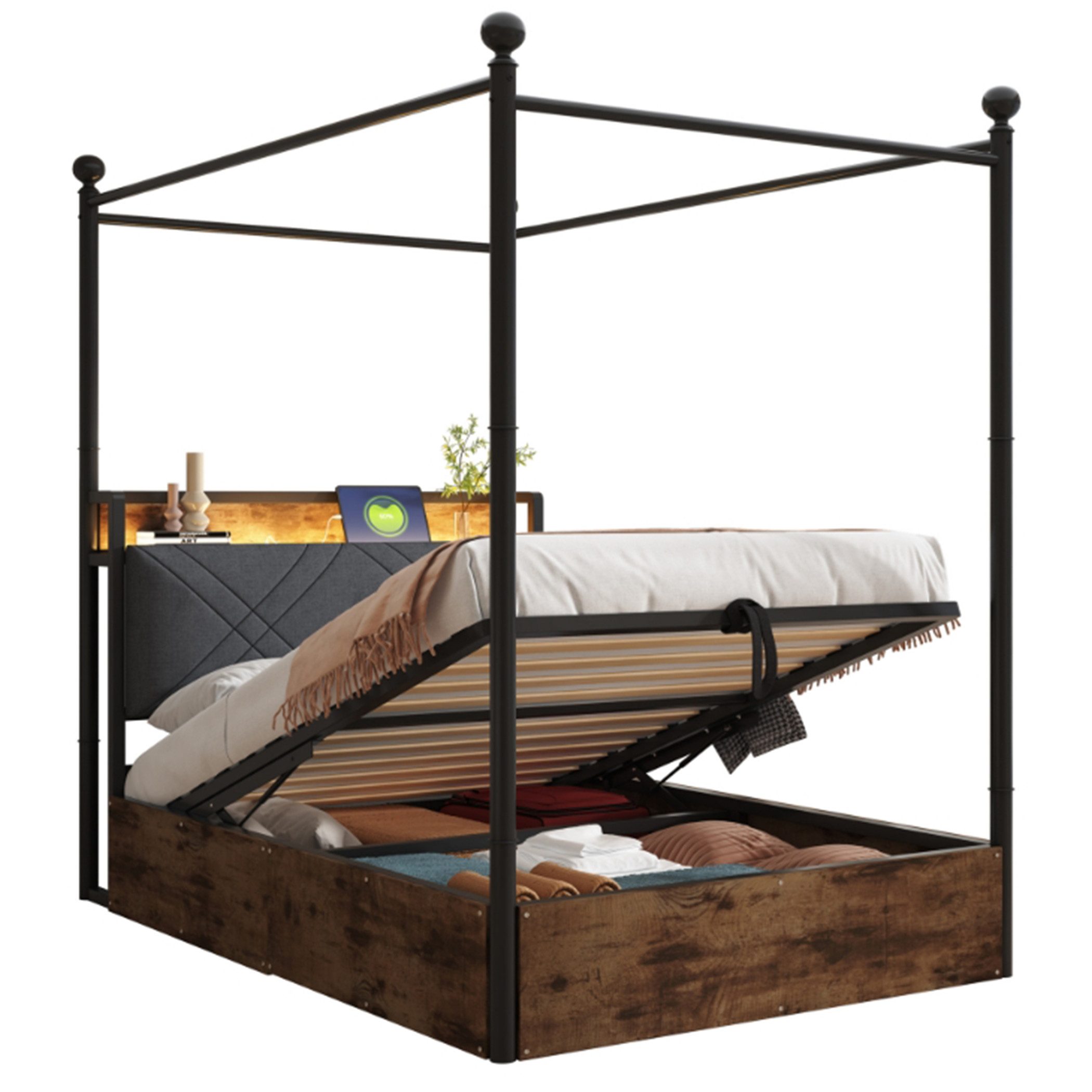 SeedWave Holzbett Modernes LED Himmelbett mit Stauraum, Ladefunktion, 90/140×190cm, Hydraulisches Bett inkl. 2 Steckdosen, 1 USB- / Type-C Anschluss