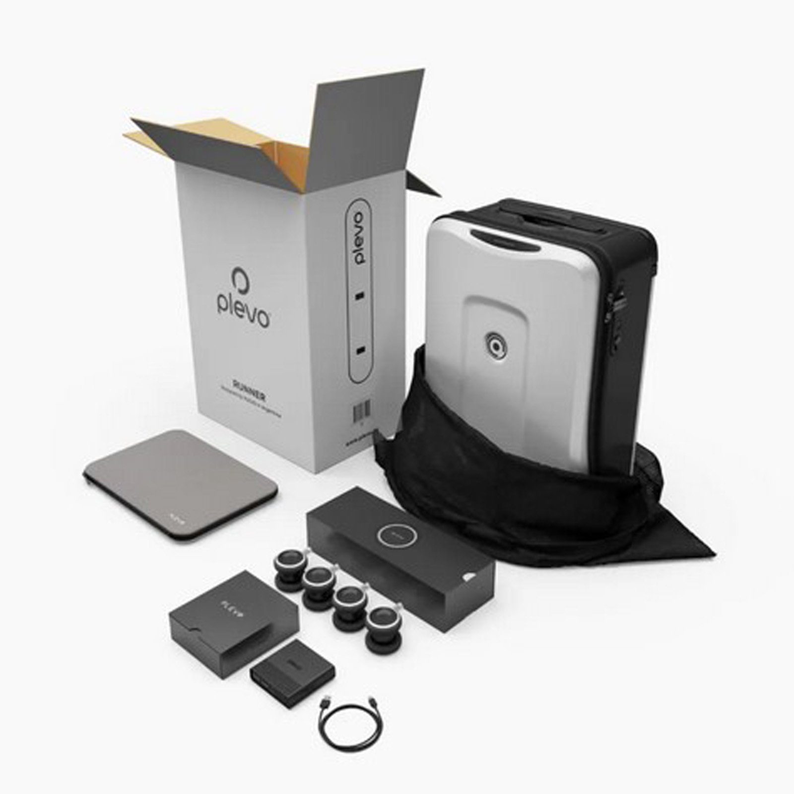 plevo Handgepäckkoffer Plevo Runner Handgepäck Koffer Trolley Reisekoffer Rollkoffer, 4 Rollen, 4 Rollen Silber 35 l mit Powerbank