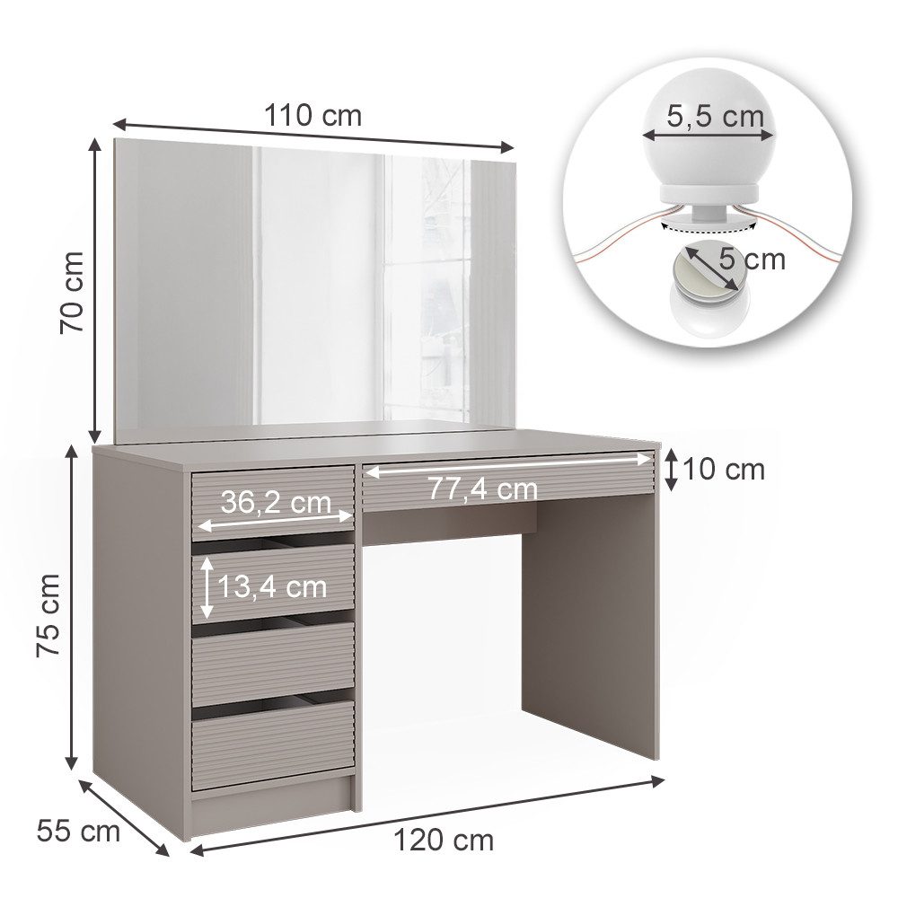 Vicco Schminktisch Sherry, Cashmere, 120 cm mit Spiegel & LED-Beleuchtung (2-St)