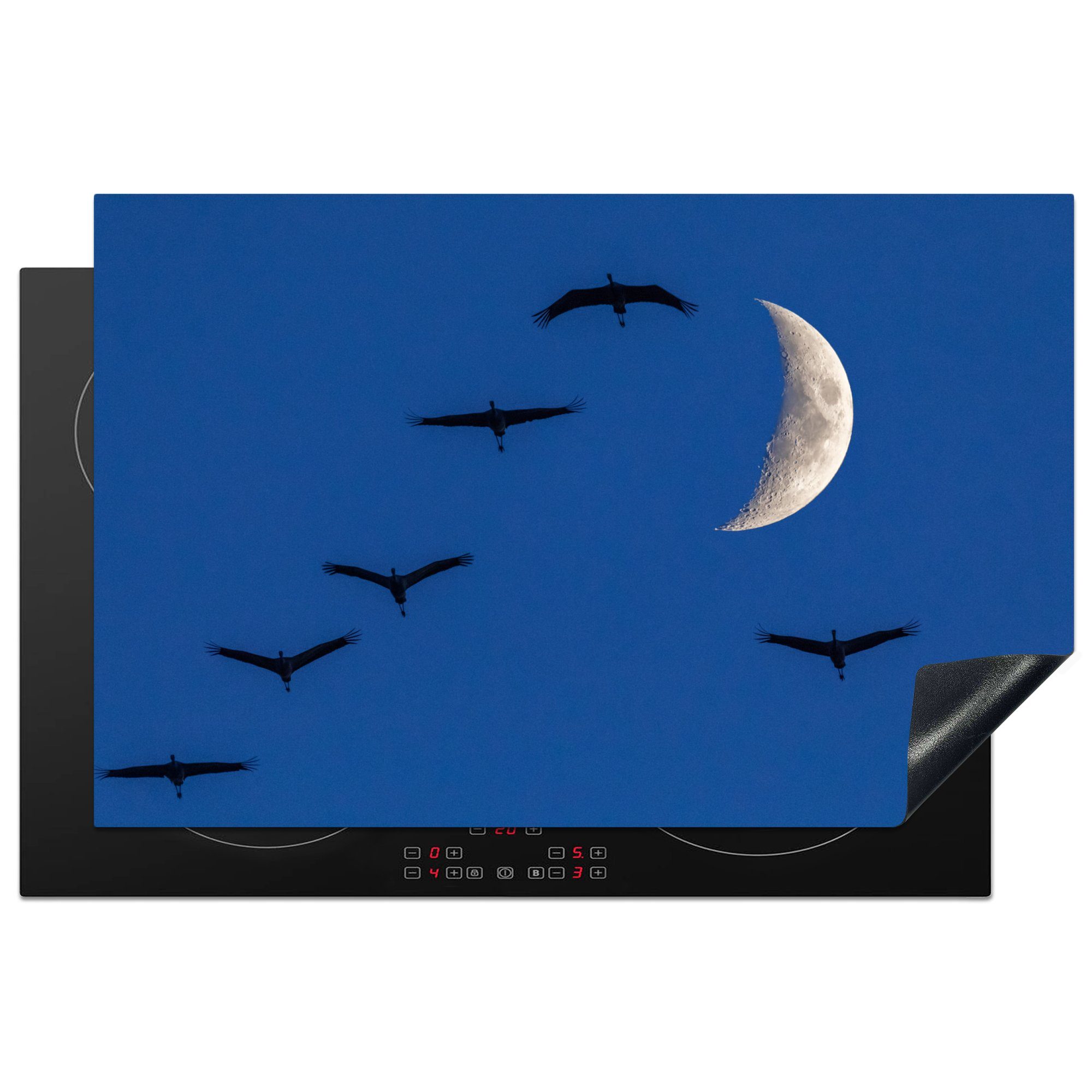 MuchoWow Herdblende-/Abdeckplatte Europäische Kraniche fliegen vor dem Mond, Vinyl, (1 tlg), 81x52 cm, Induktionskochfeld Schutz für die küche, Ceranfeldabdeckung