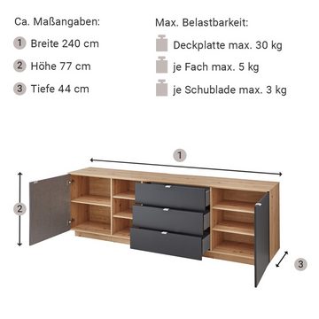 Lomadox Wohnwand CUST-36, (3-St., 3-tlg), Set mit 2 Wandboards Eiche mit scharz 240 cm, Wohnwand, Fernsehschrank