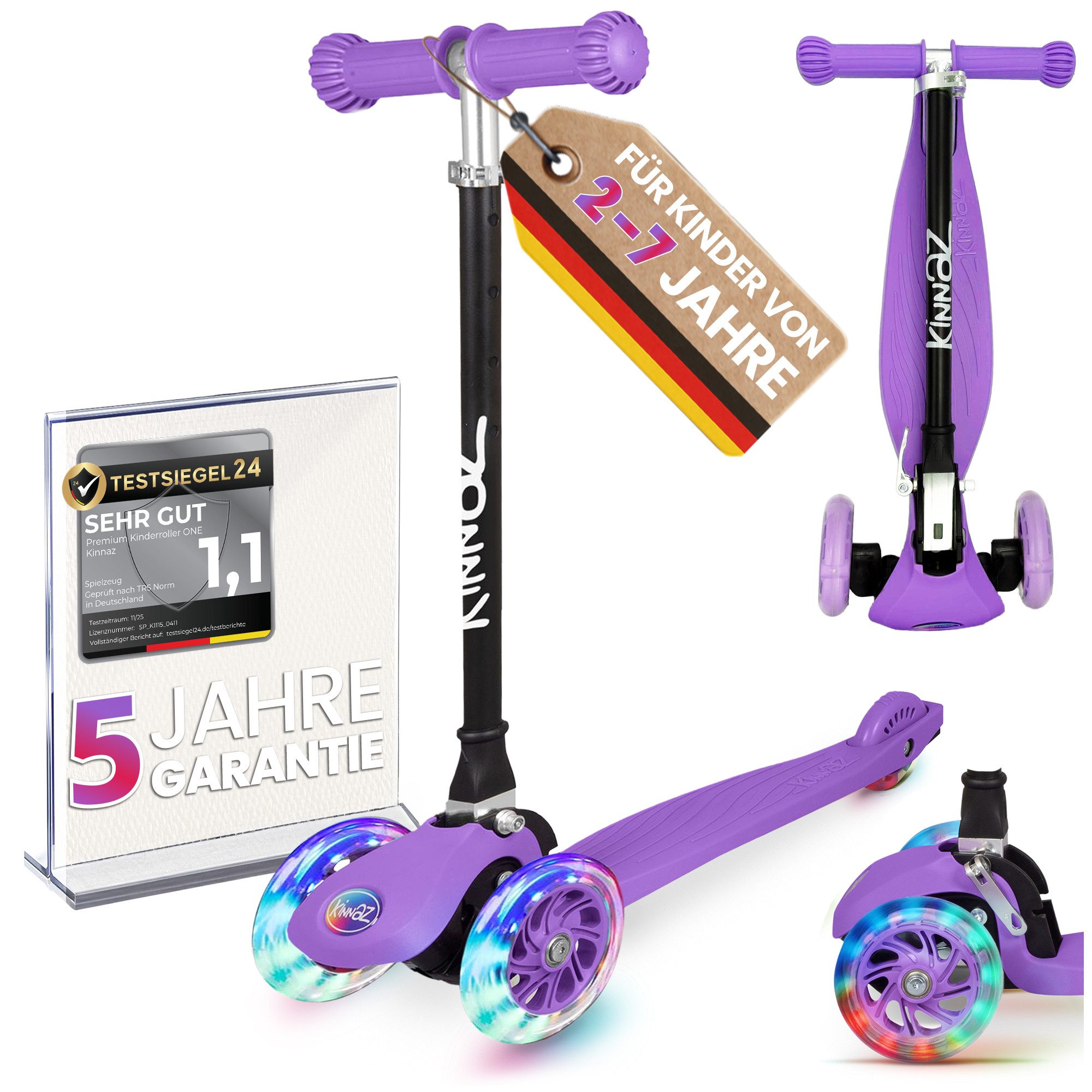 KINNAZ Dreiradscooter ab 2 Jahre LED, faltbar, Höhe flexibel, Kinderoller, Scooter, Roller, (Kinderroller, kinnaz ONE), Händler aus Hamburg