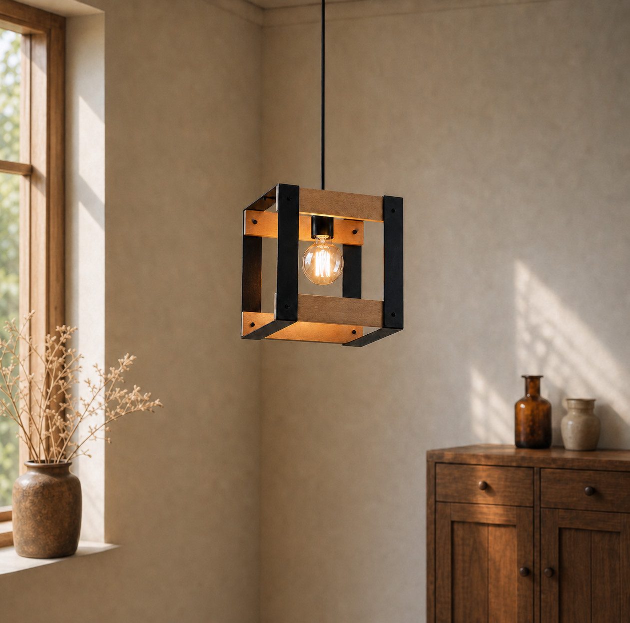 Nettlife Pendelleuchte 1/5flammig Holz Vintage E27 Schwarze Deckenlampe, Höhenverstellbar, LED wechselbar, für Esszimmer Küche Wohnzimmer