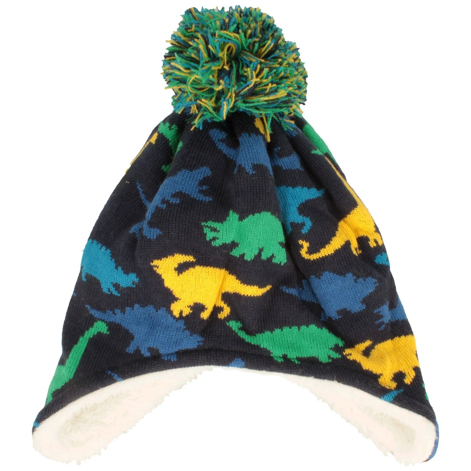 & blau mit für Bommel Dinos Strickmütze Breiter Kinder Ohrenschutz,