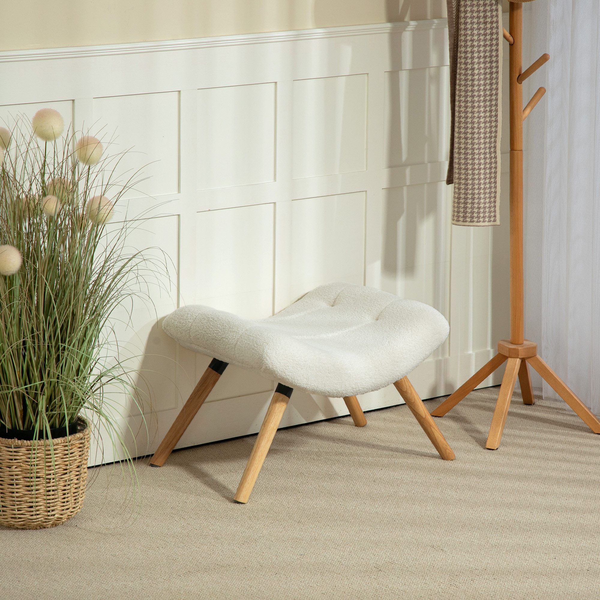 HOMCOM Fußhocker Hocker mit weichem Sitzkissen mit Berberfleece-Stoff Ottoman (Sitzhocker, 1 St., Polsterhocker), für Wohnzimmer, Schlafzimmer, 67 x 45 x 38 cm, Cremeweiß
