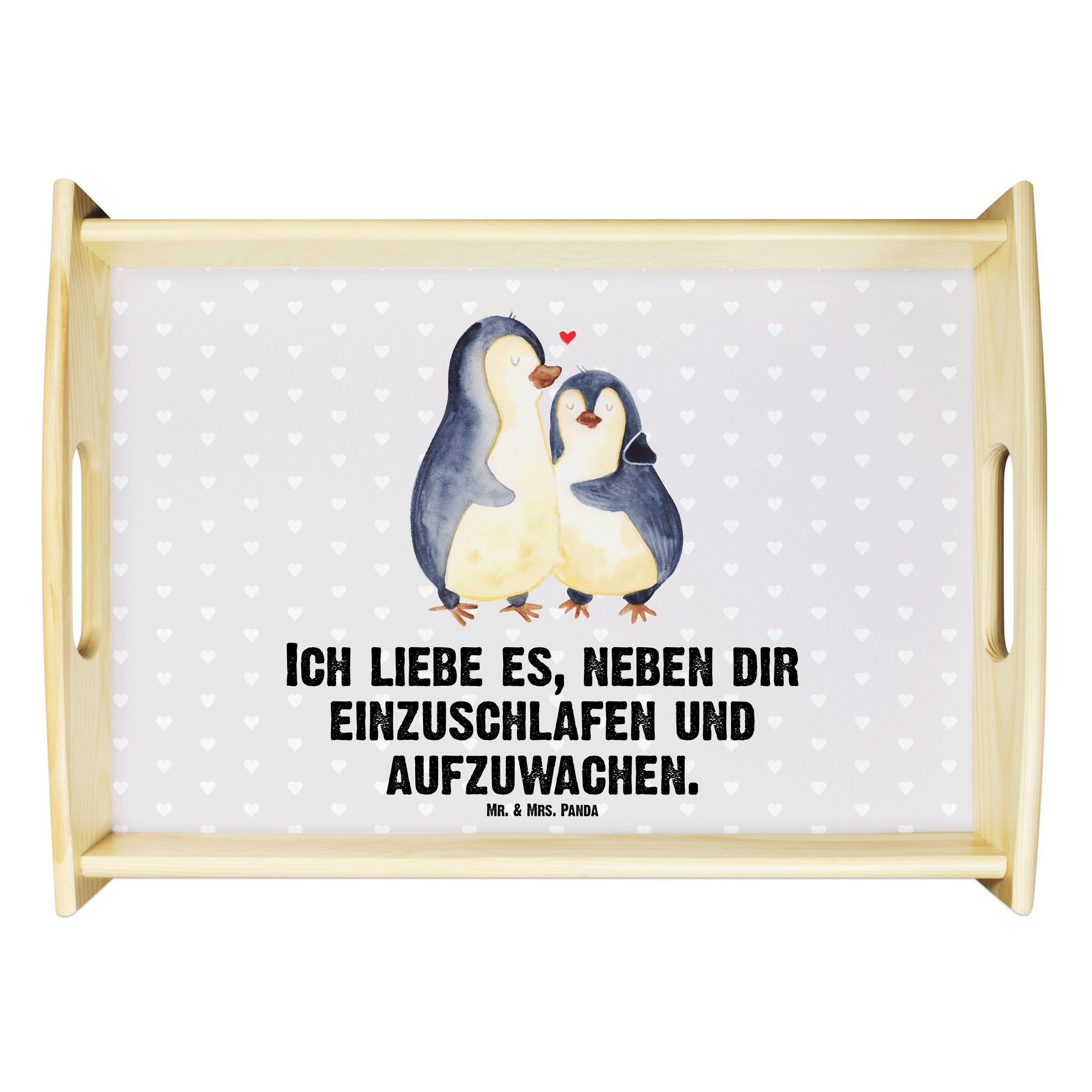 Mr. & Mrs. Panda Tablett Pinguine Einschlafen - Grau Pastell - Geschenk, Verlobung, Jahrestag, Echtholz lasiert, (1-tlg)