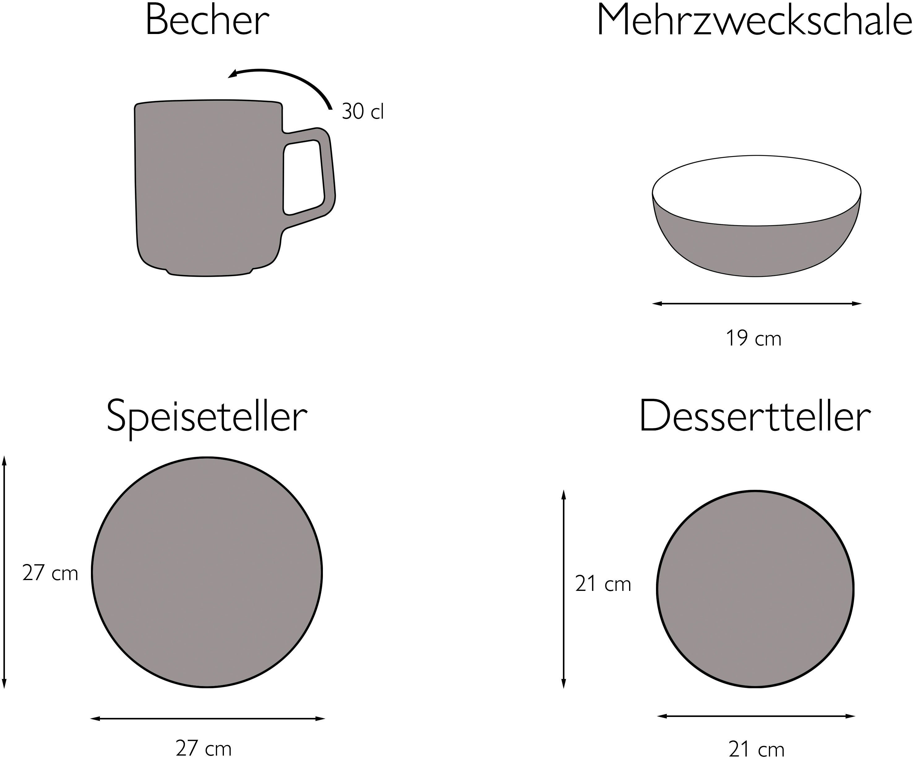 CreaTable Kombiservice Bali Personen, jedes Steinzeug, (16-tlg), 4 Stück ein Unikat Reaktivglasur