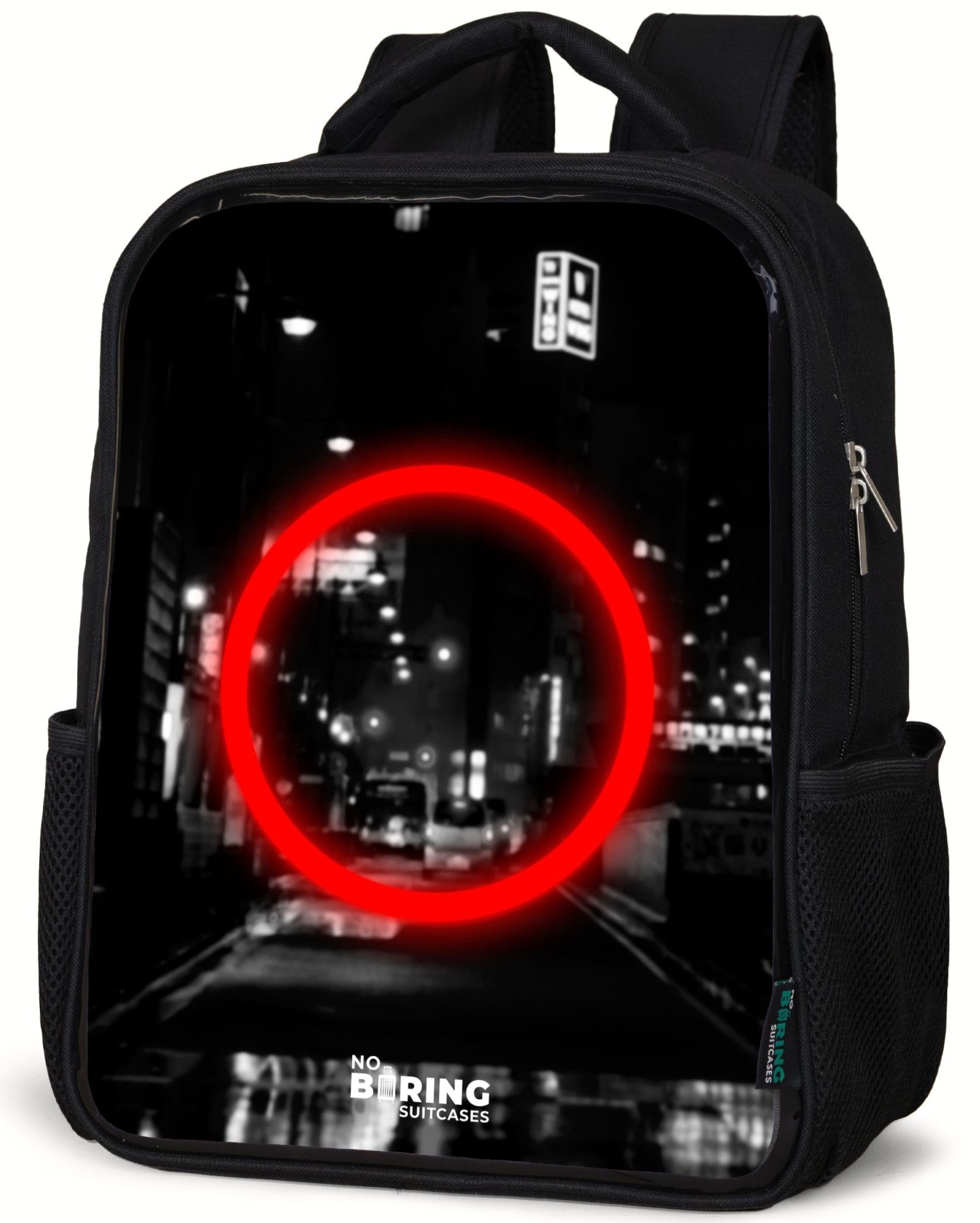 NoBoringSuitcases.com© Rucksack Leuchtend roter Kreis über einer Stadtstraße, Kinderrucksack Schwarz, Schulrucksack, Freizeitrucksack Jungen Mädchen