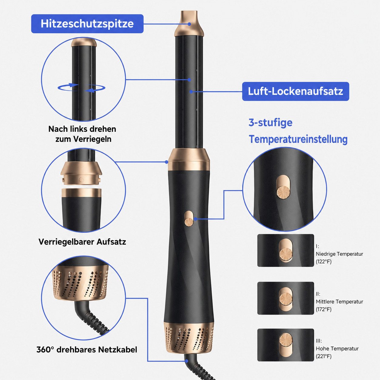 UKLISS Multihaarstyler 5-in-1 Haarstyler, Rundbürste, Haartrockner, Lockenstab und Glätteisen, 3 Temperaturstufen für Volumen, Glätten, Locken und Föhnfrisuren