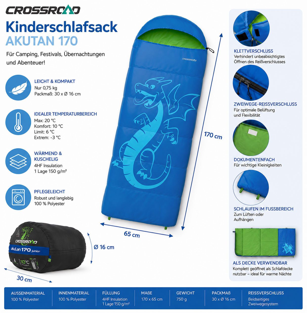 Crossroad Kinderschlafsack Crossroad Outddoor Deckenschlafsack Drache Akutan Junior Schlafsack, als Decke verwendbar
