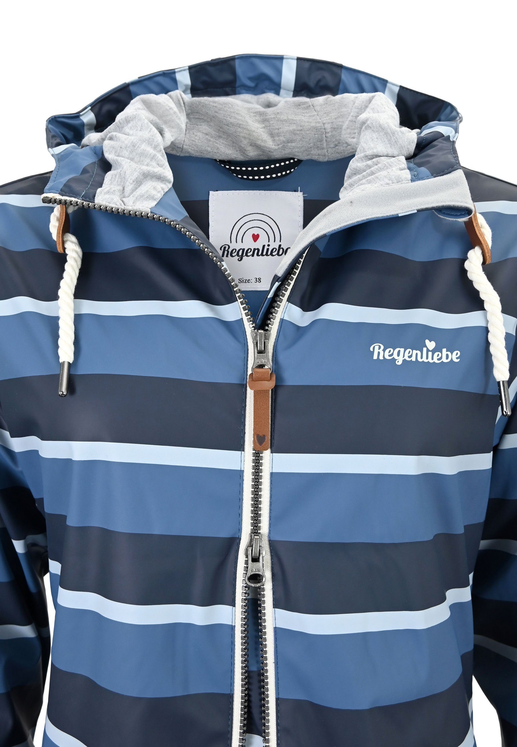 Regenliebe Regenmantel Friesennerz blau Regenjacke halblang gestreift, wasserdicht winddicht