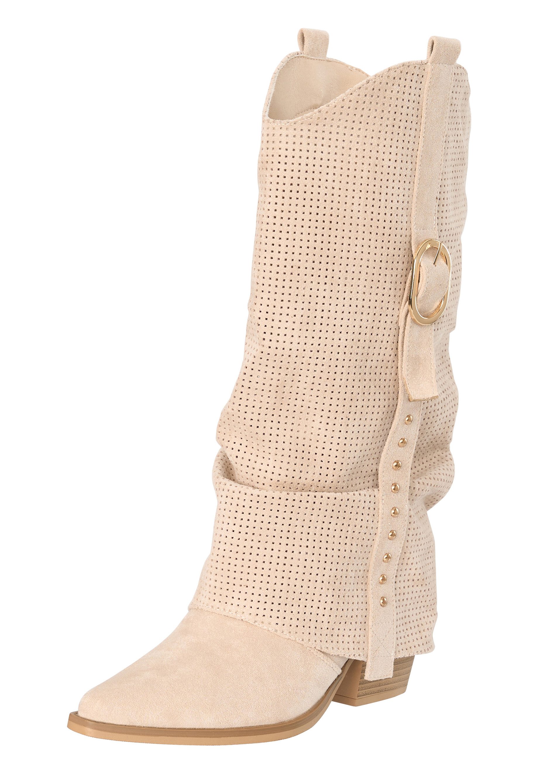 Salinyang Damen Cowboy Boots mit Overlay-Schaft, Lochstruktur & Zierschnalle High-Heel-Stiefel