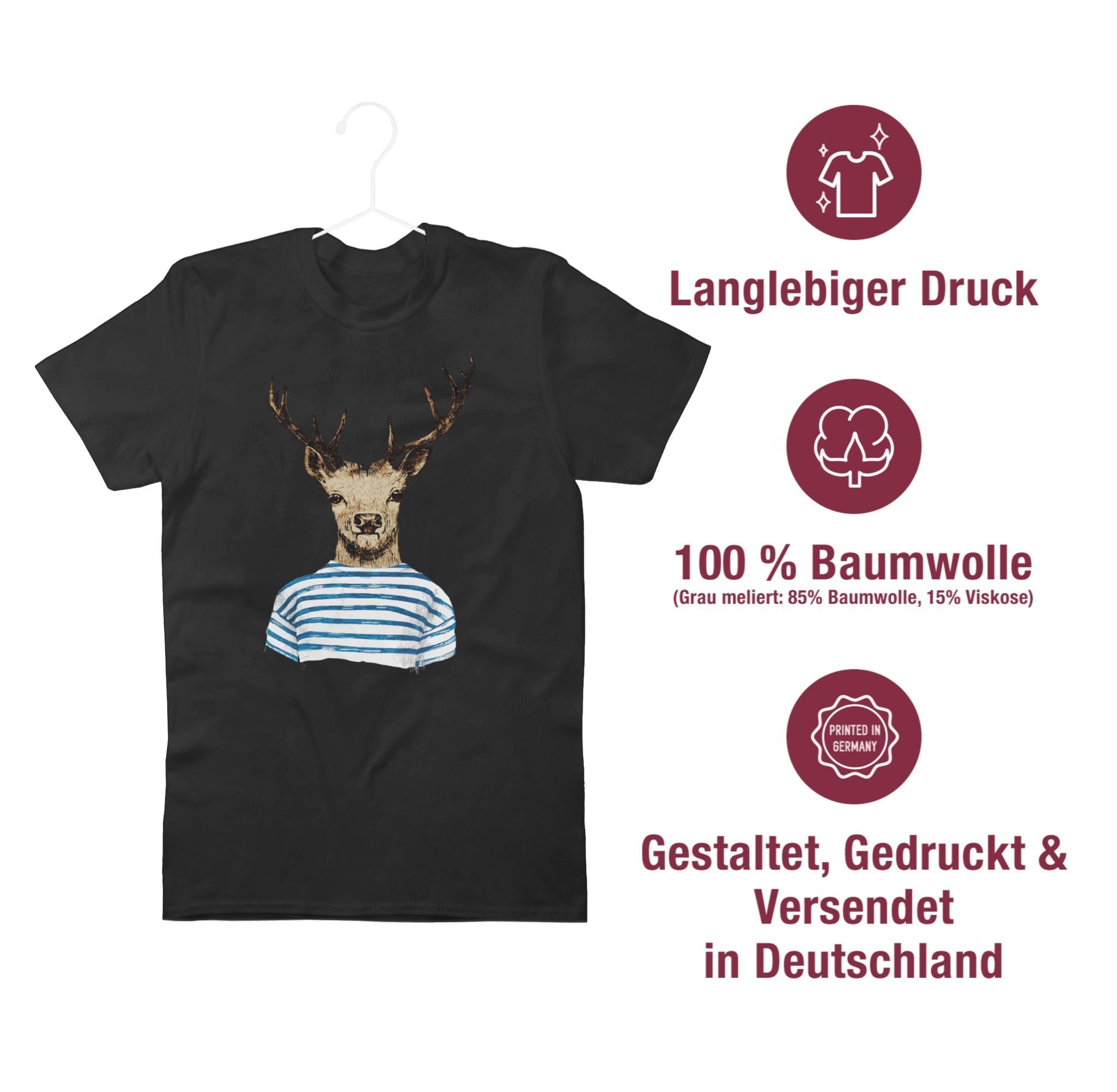 T-Shirt Shirtracer 01 Herren Schwarz Hirsch Mode gestreiftem mit Shirt für Oktoberfest