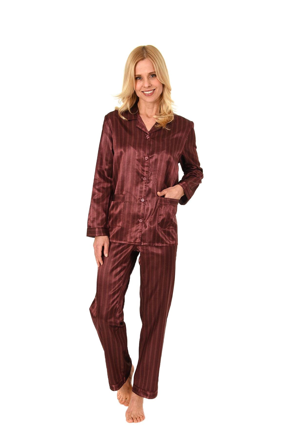 Normann Pyjama Damen Satin Schlafanzug in Optik zum durchknöpfen - 191 94 002 bordeaux
