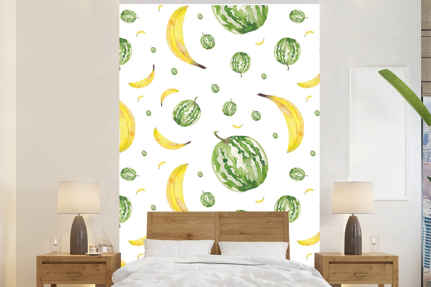 MuchoWow Fototapete Bananen - Melonen - Schablonen, Matt, bedruckt, (3 St), Montagefertig Vinyl Tapete für Wohnzimmer, Wandtapete