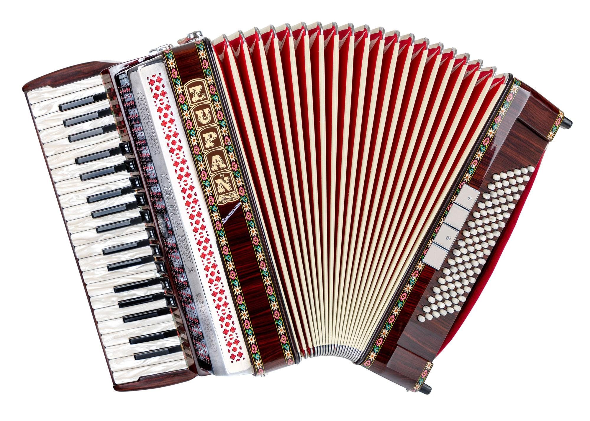 Zupan Piano-Akkordeon IV 96 EF/M - 96 Bassknöpfe, 38 Diskanttasten, A mano A-Stimmplatte, mit Holztastatur und Perlmuttauflage