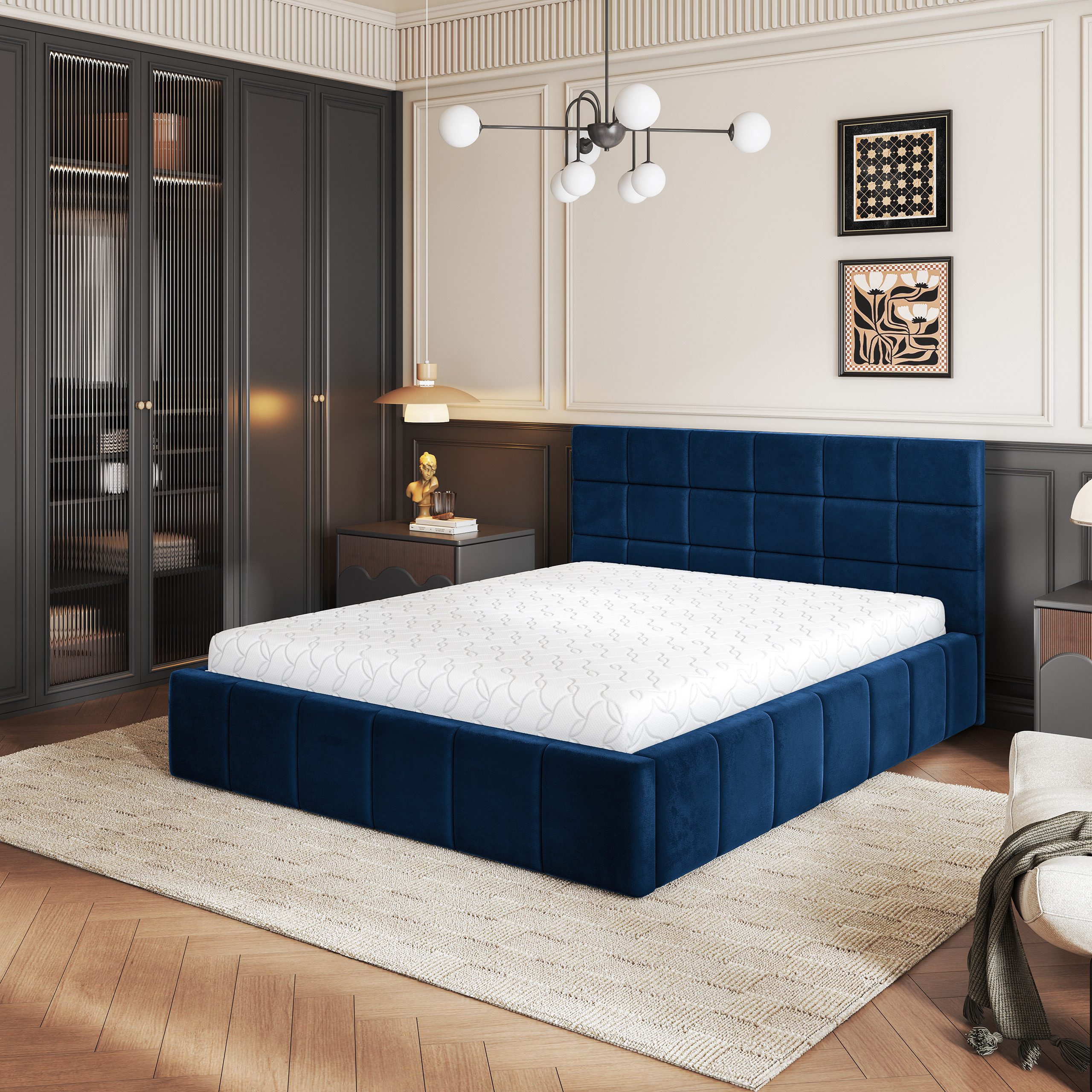Masseno Polsterbett VERTO 120x200 cm blau (mit Bettkasten und Lattenrost)