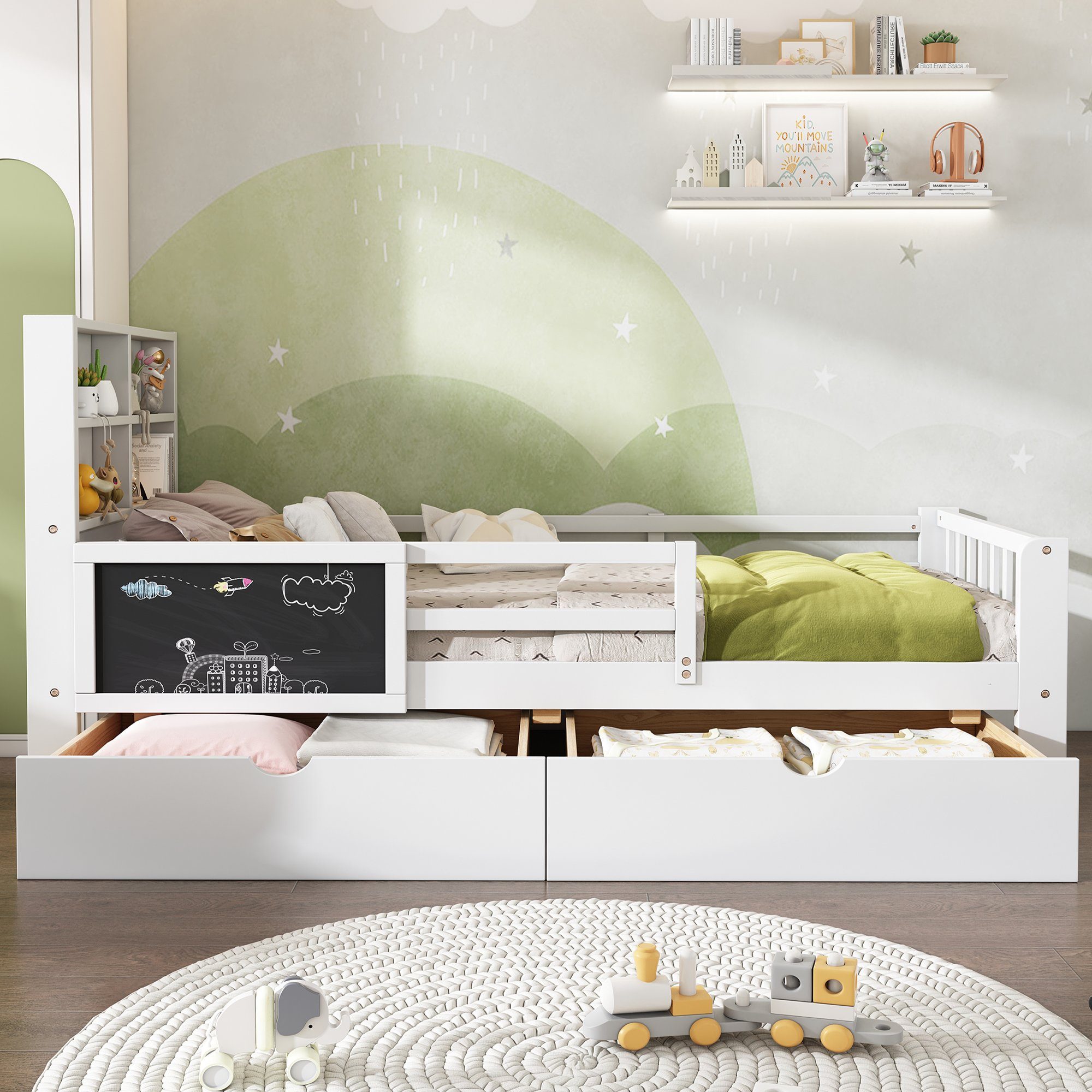 Flieks Kinderbett, Kiefer Massivholzbett mit und Schubladen 2 90x200cm Tafel