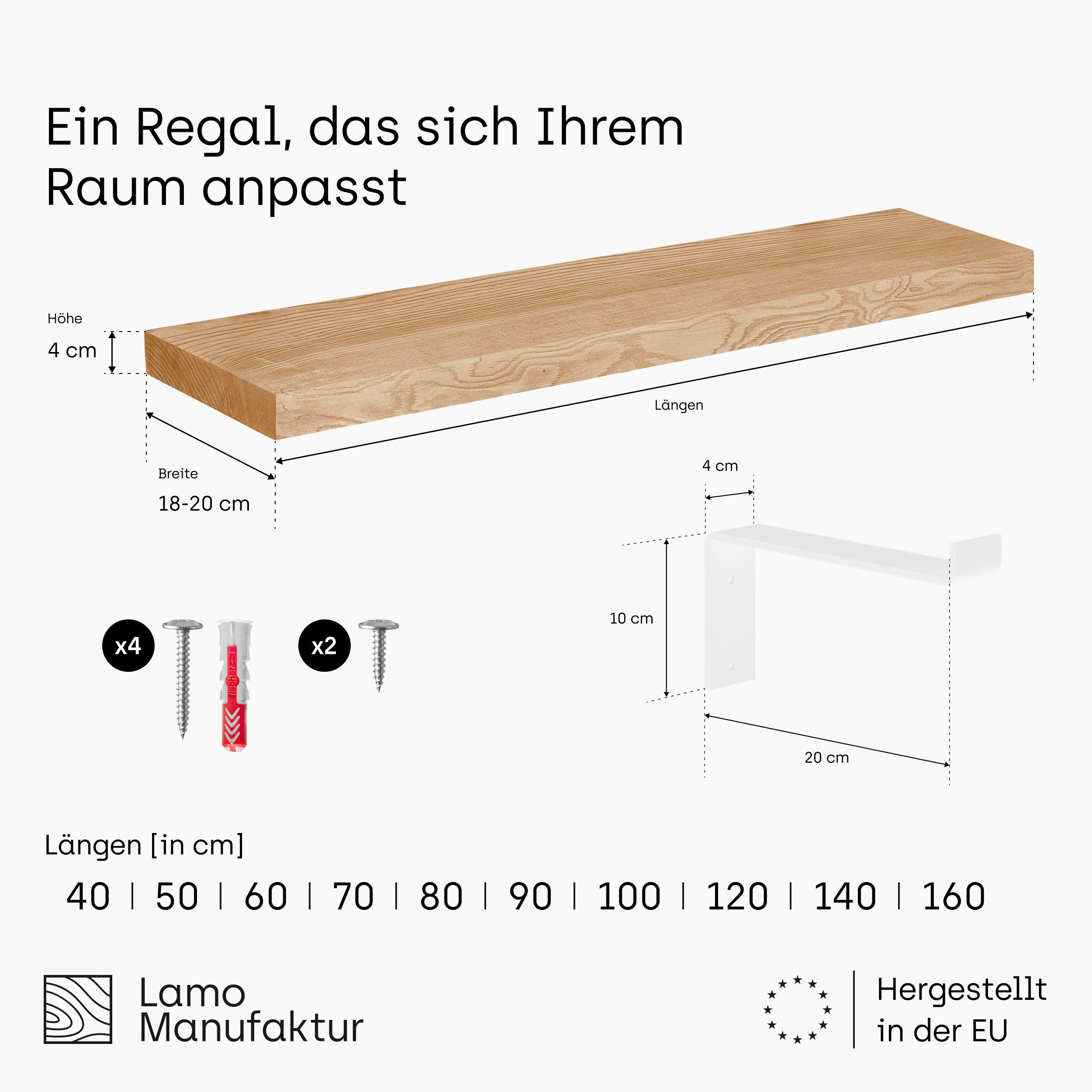 LAMO Manufaktur Wandregal Holz Gerade Regal Farbe: Rustikal mit weißem Original 40 cm, Komplett-Set, 40mm stake Massivholzplatte
