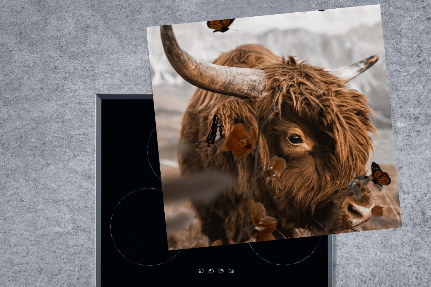 tlg), Arbeitsplatte Vinyl, - küche (1 - Herdblende-/Abdeckplatte Highlander Schmetterling Tiere, 78x78 für Ceranfeldabdeckung, cm, MuchoWow Schottischer