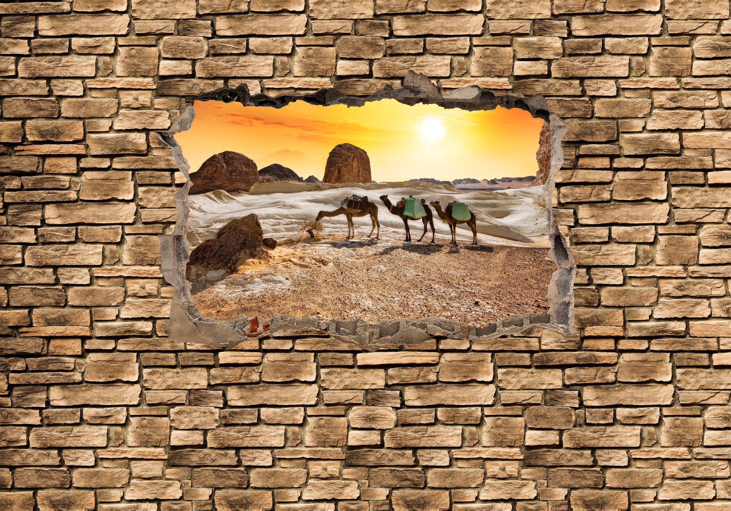 wandmotiv24 Fototapete 3D Kamele in der Wüste - Steinmauer, glatt, Wandtapete, Motivtapete, matt, Vliestapete