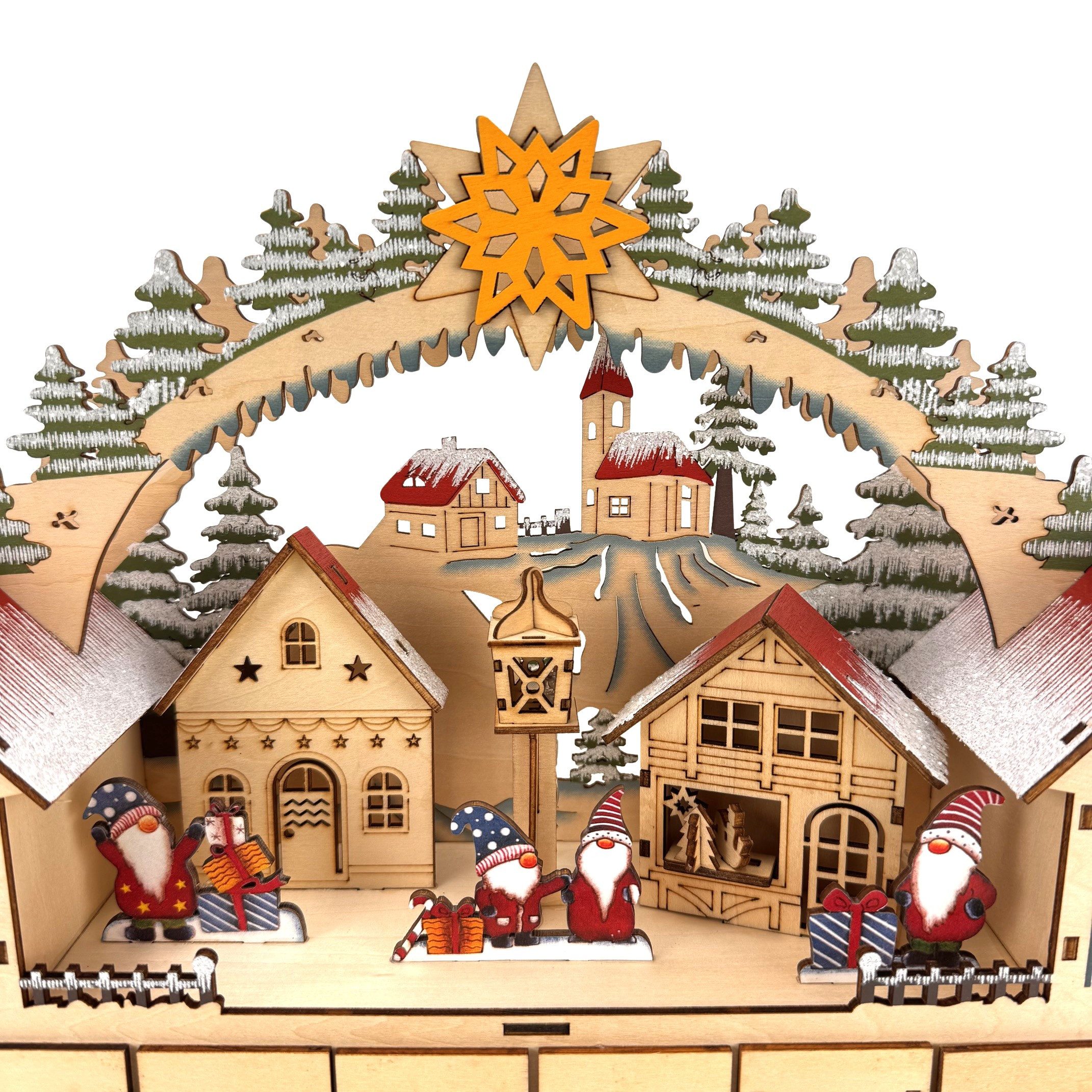 Online-Fuchs Adventskalender zum selber befüllen mit LED-Beleuchtung und Timer - Weihnachtsdeko (süße Winterlandschaft mit Wichteln), praktische 6-Stunden Timerfunktion