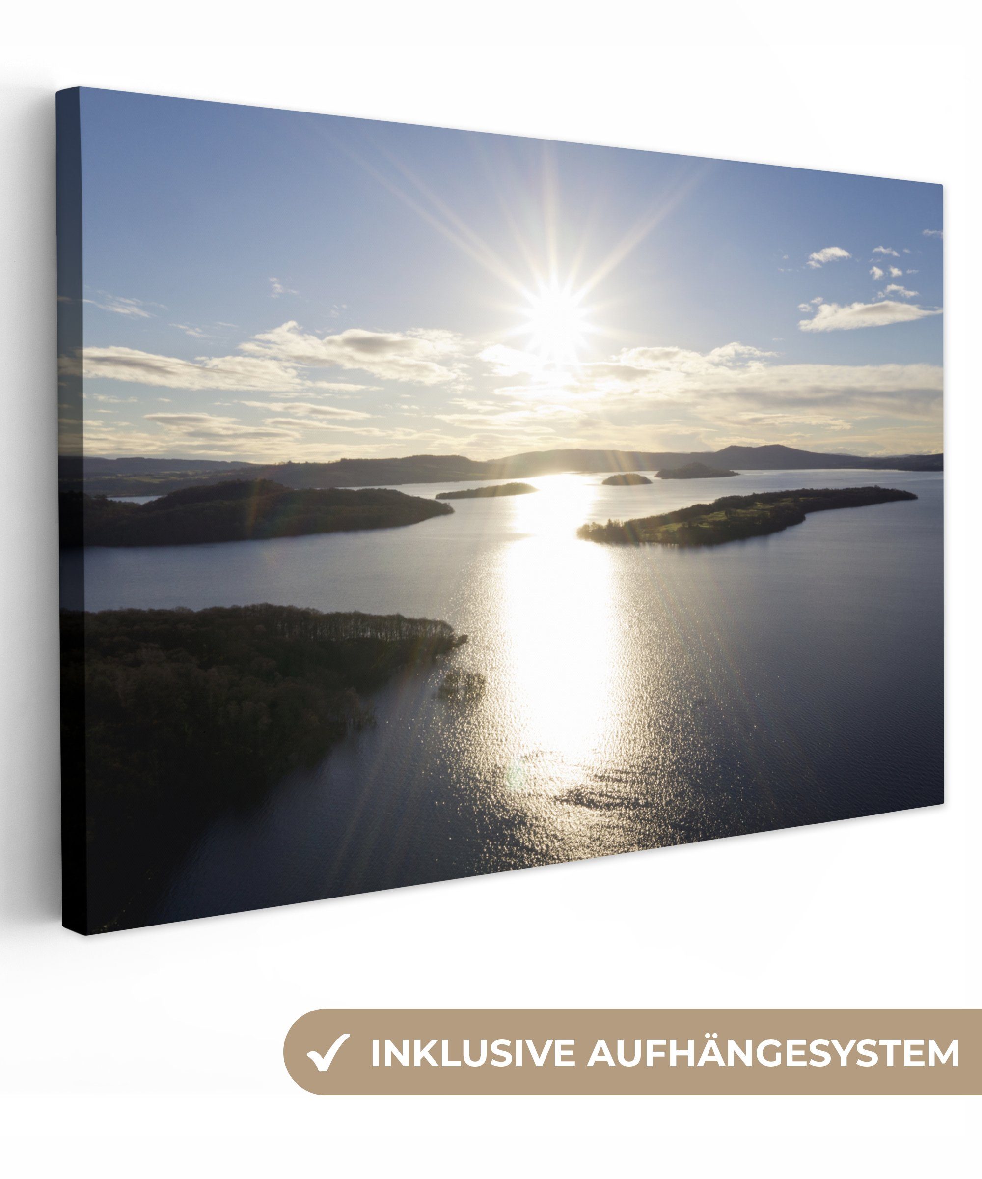 OneMillionCanvasses® Leinwandbild Die Sonne scheint auf Loch Lomond in Schottland, (1 St), Wandbild Leinwandbilder, Aufhängefertig, Wanddeko, 30x20 cm