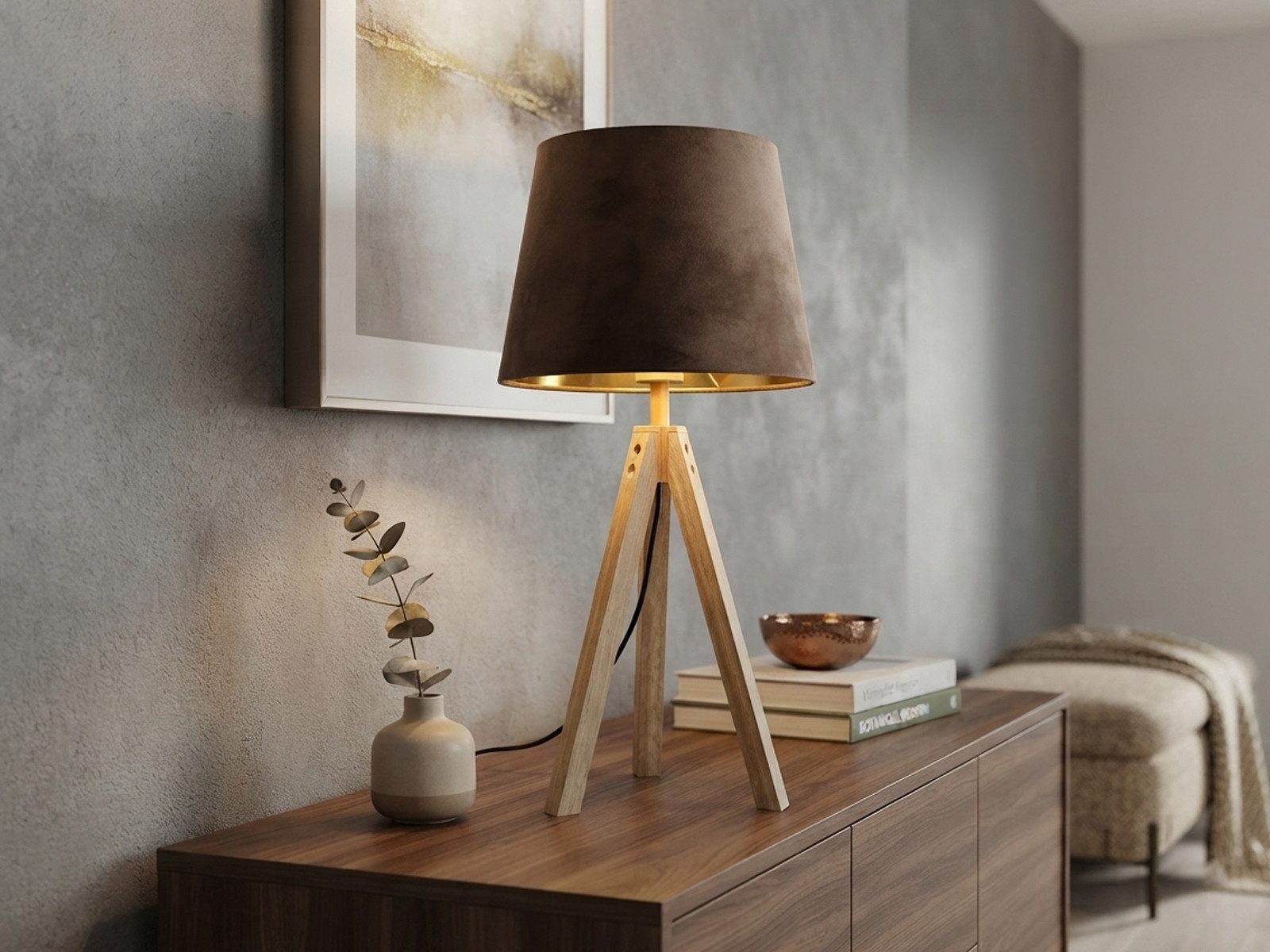 meineWunschleuchte Tischleuchte mit Holz & Samt Lampenschirm, Höhe 55cm, ohne Leuchtmittel, große Tischlampe skandinavisch, Beistelllampe mit E27 Stoffschirm – Bild 2 von 5