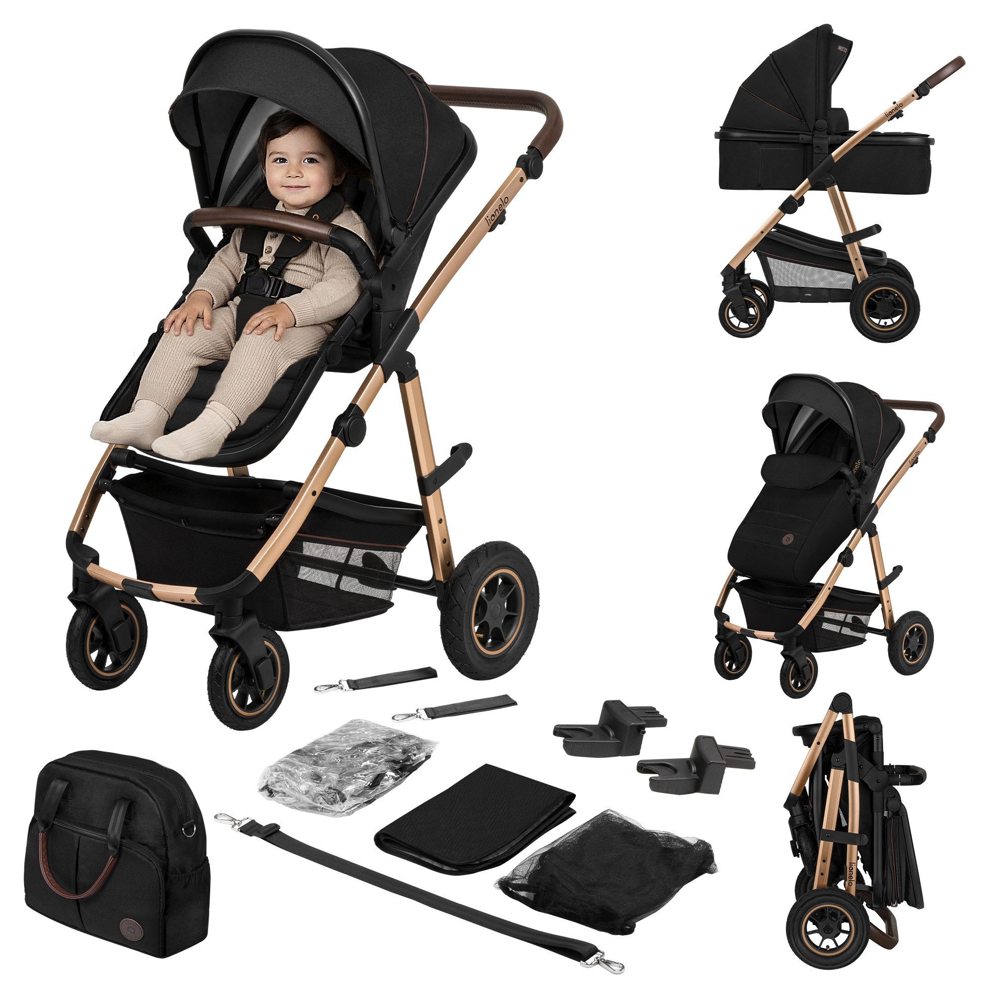 lionelo Kombi-Kinderwagen Amber 2in1, Tasche Moskitonetz Regenschutz Schutzüberzug 2in1