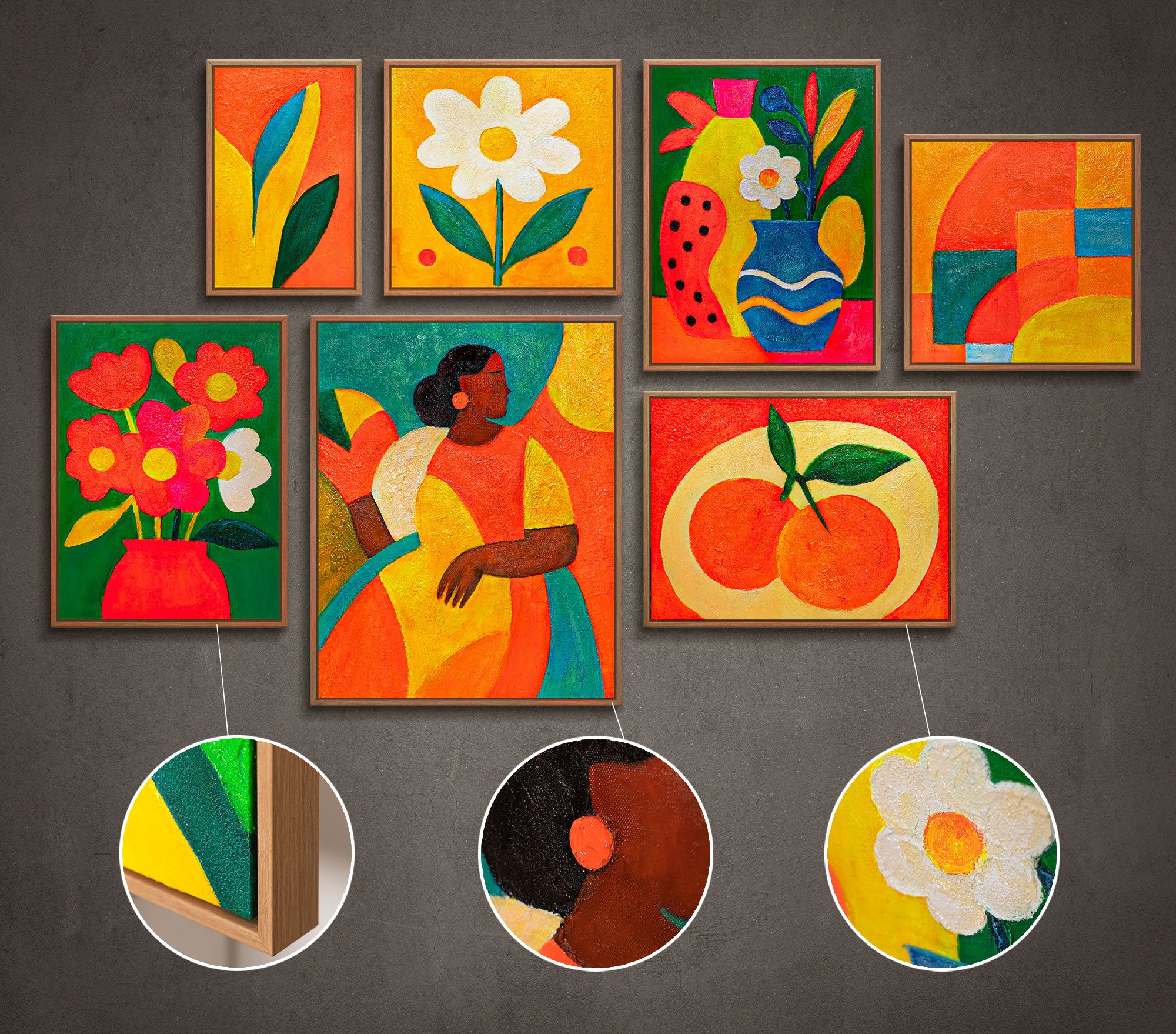 YS-Art Gemälde "Sommerliche Inspiration", Stillleben (Set, 7 St), Farbenfrohes Bilder Set für Wohnzimmer im modernen Kunststil