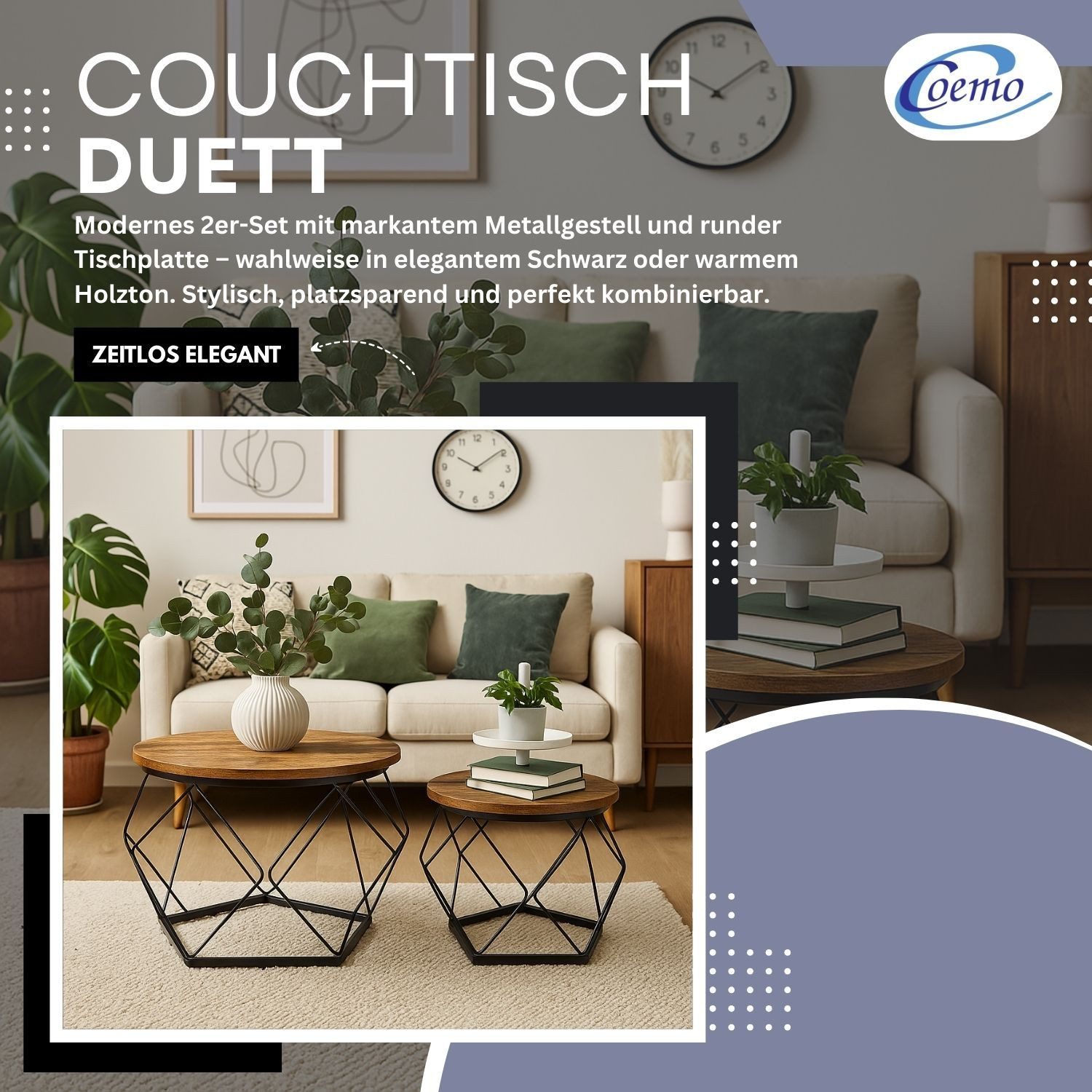 Coemo Wohnzimmertisch DUETT, Beistelltisch BRAUN Couchtisch Metall Holzplatten Ø 50 & Ø 40 cm