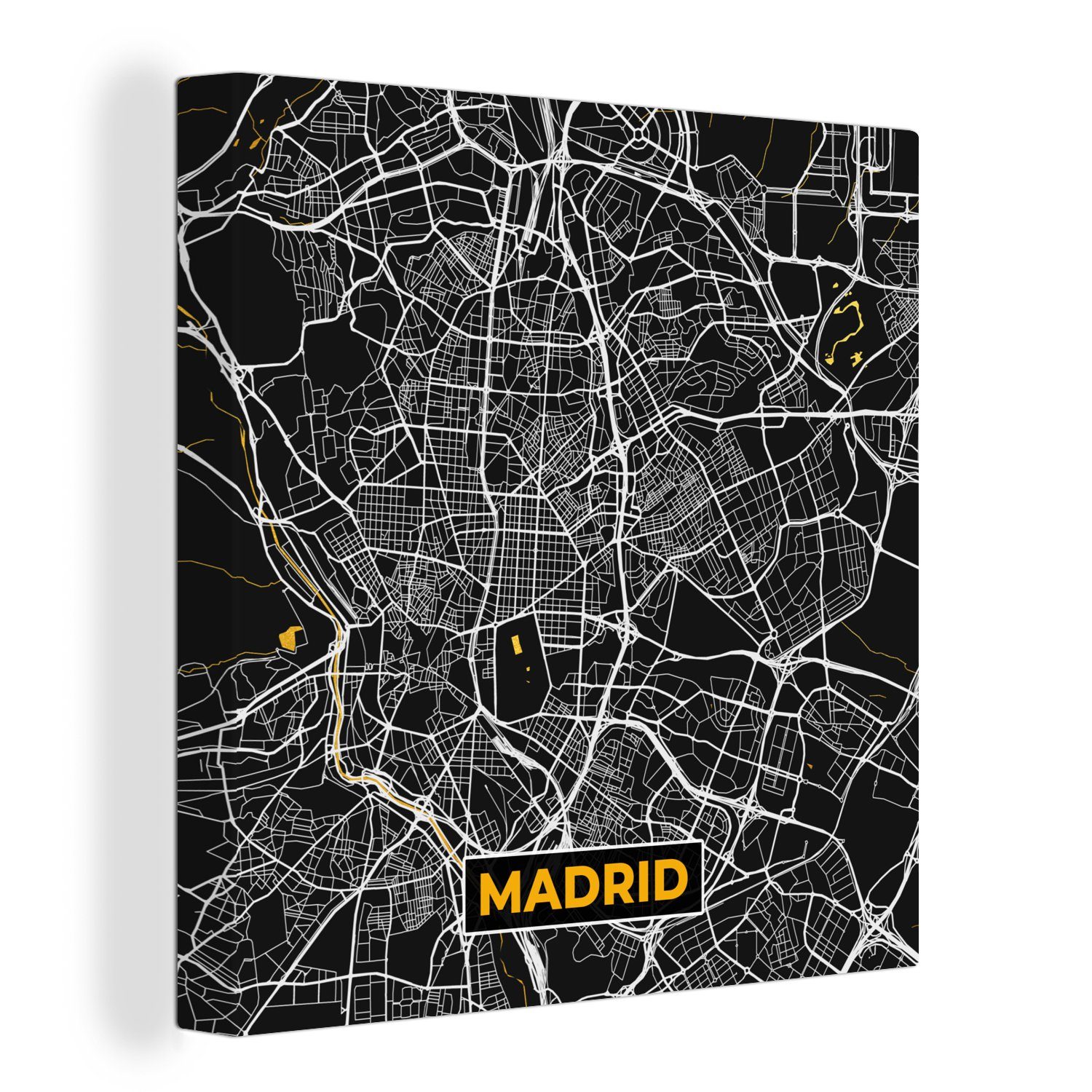 OneMillionCanvasses® Leinwandbild Madrid - Gold - Stadtplan - Karte, (1 St), Leinwand Bilder für Wohnzimmer Schlafzimmer