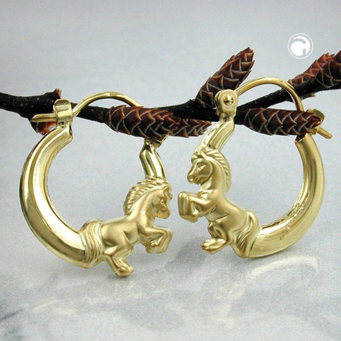 unbespielt Paar Creolen Ohrringe Creolen Pferd matt-glänzend Bügelverschluss 9 Karat Gold 17 x 14 mm inkl. Schmuckbox Goldschmuck für Kinder CB11908