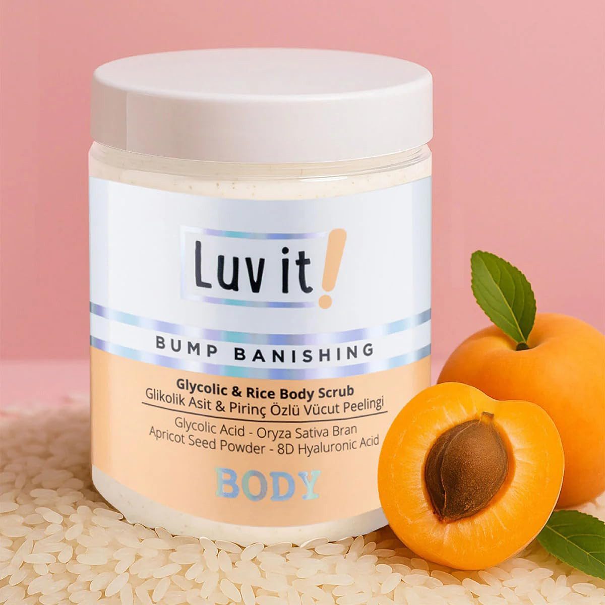 Luv it! Körperpeeling Glykolsäure, mit AHA, Reisextrakt, Hyaluronsäure und Aprikosenkern, 250ml