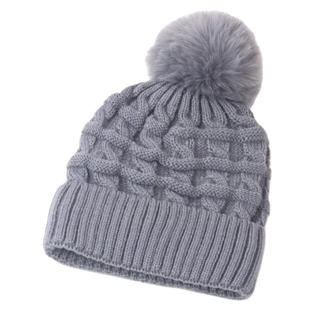 Coonoor Bommelmütze Damen Wintermütze, Thermo-Fleece-gefütterte Mütze, Strickmütze Wollmützen mit Kunstfell-Bommel